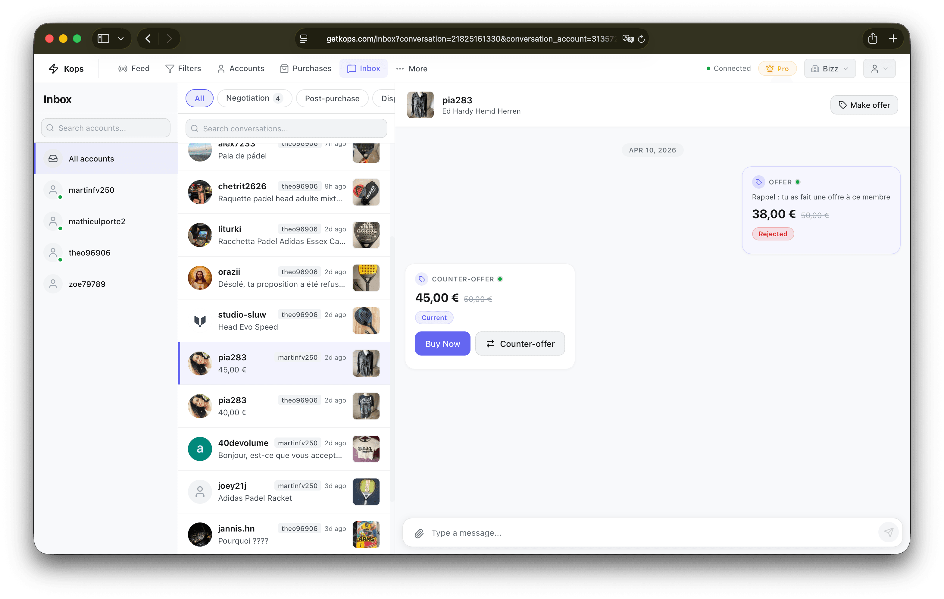 Inbox — conversations, offer flow, and real-time status updates