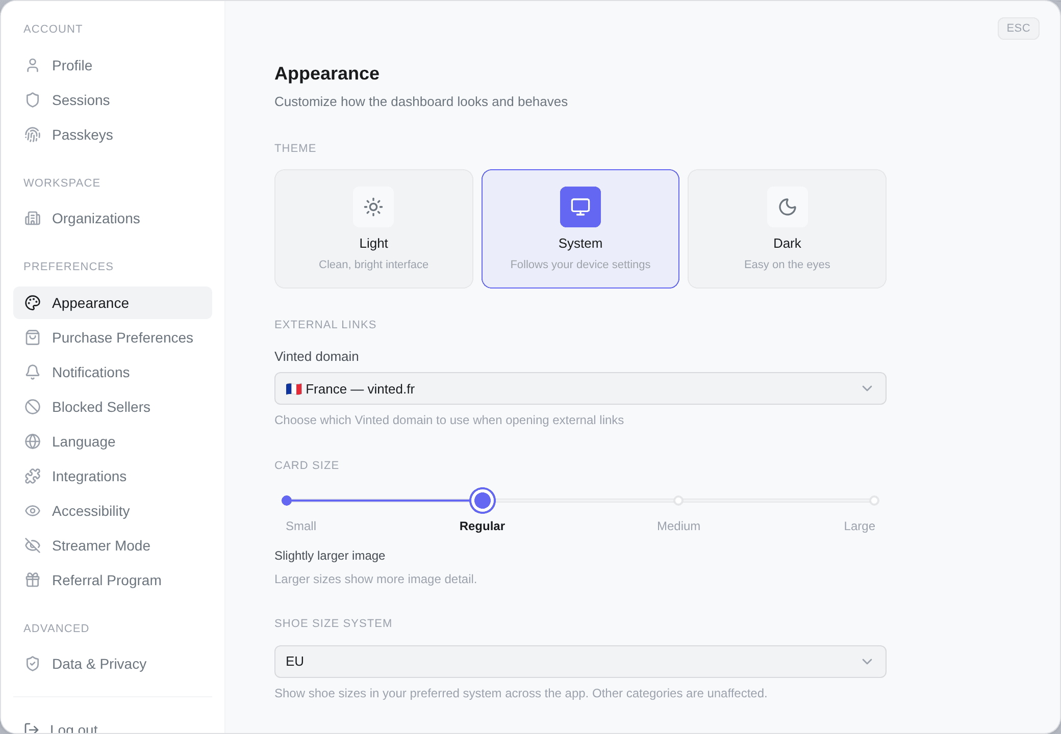 The Appearance tab in settings