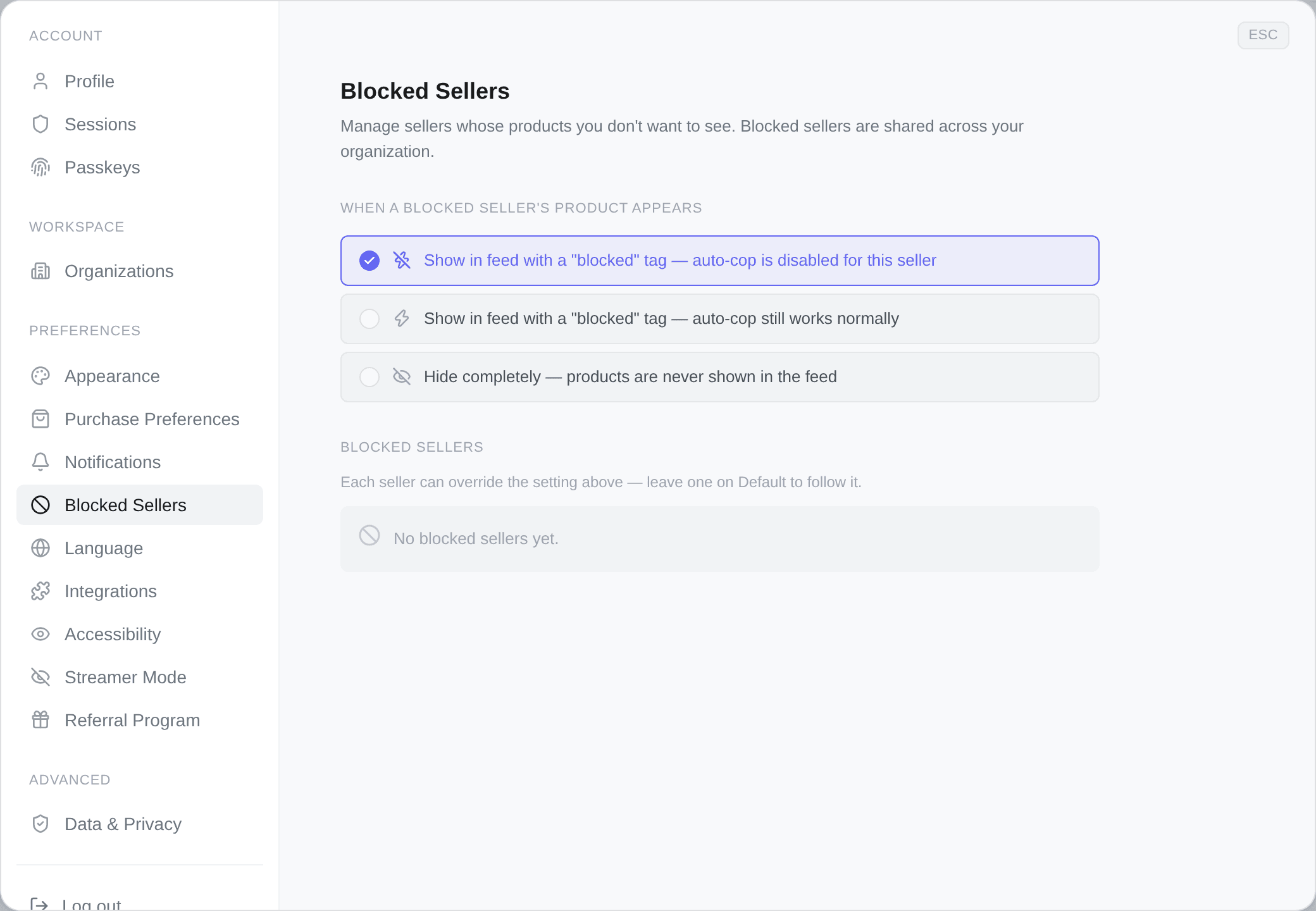 The Blocked Sellers tab