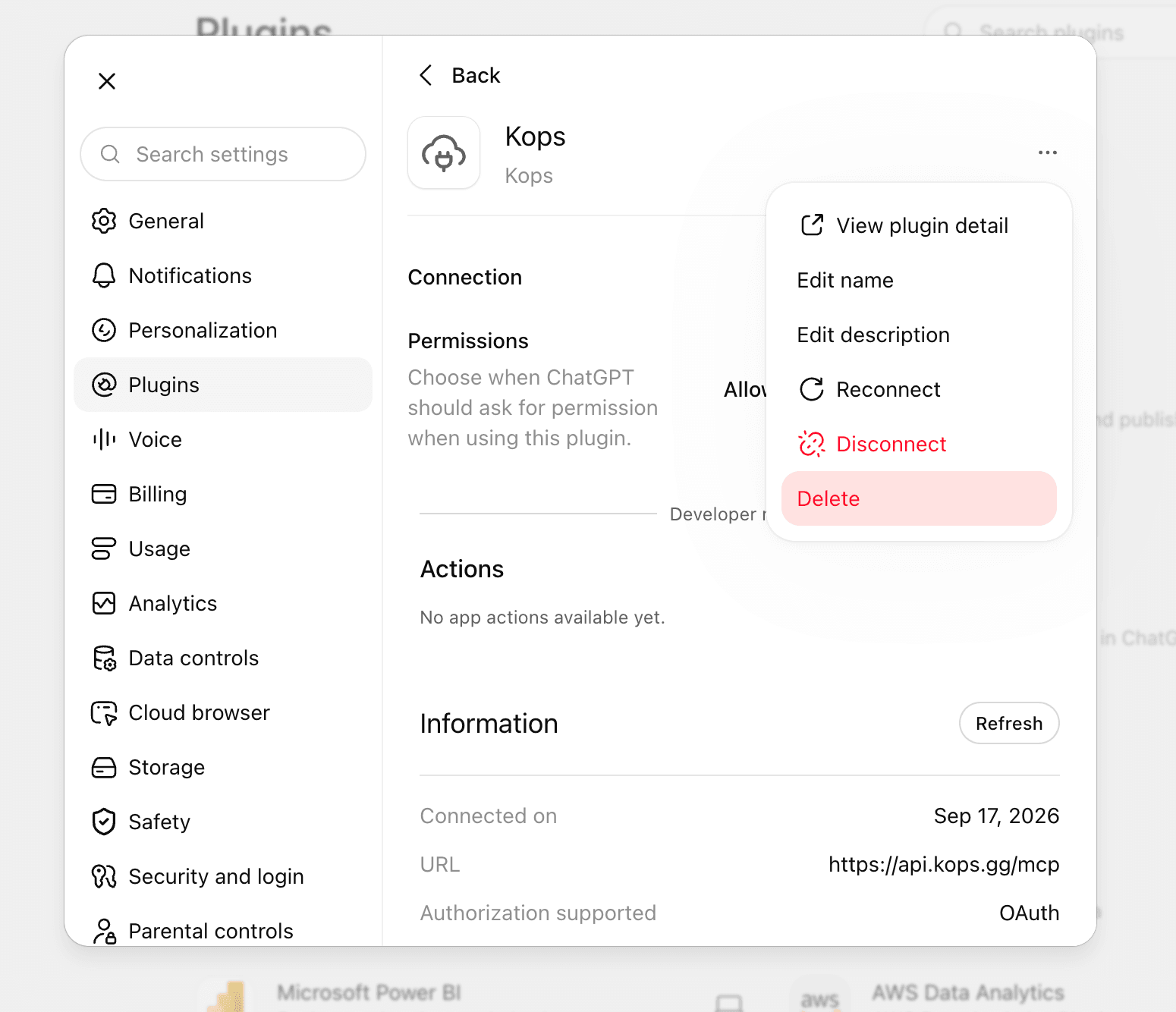 The Kops plugin in ChatGPT, with the menu open on Delete
