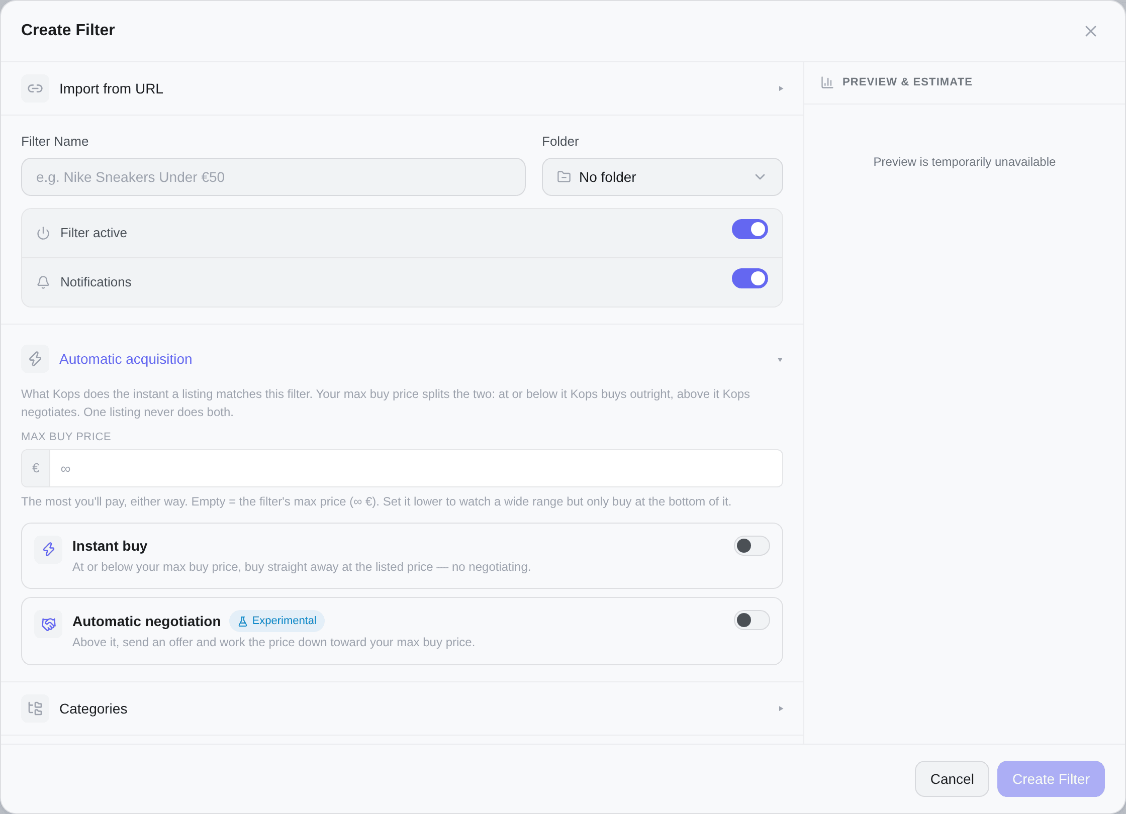 The Automatic acquisition section: the max buy price, then the two automations