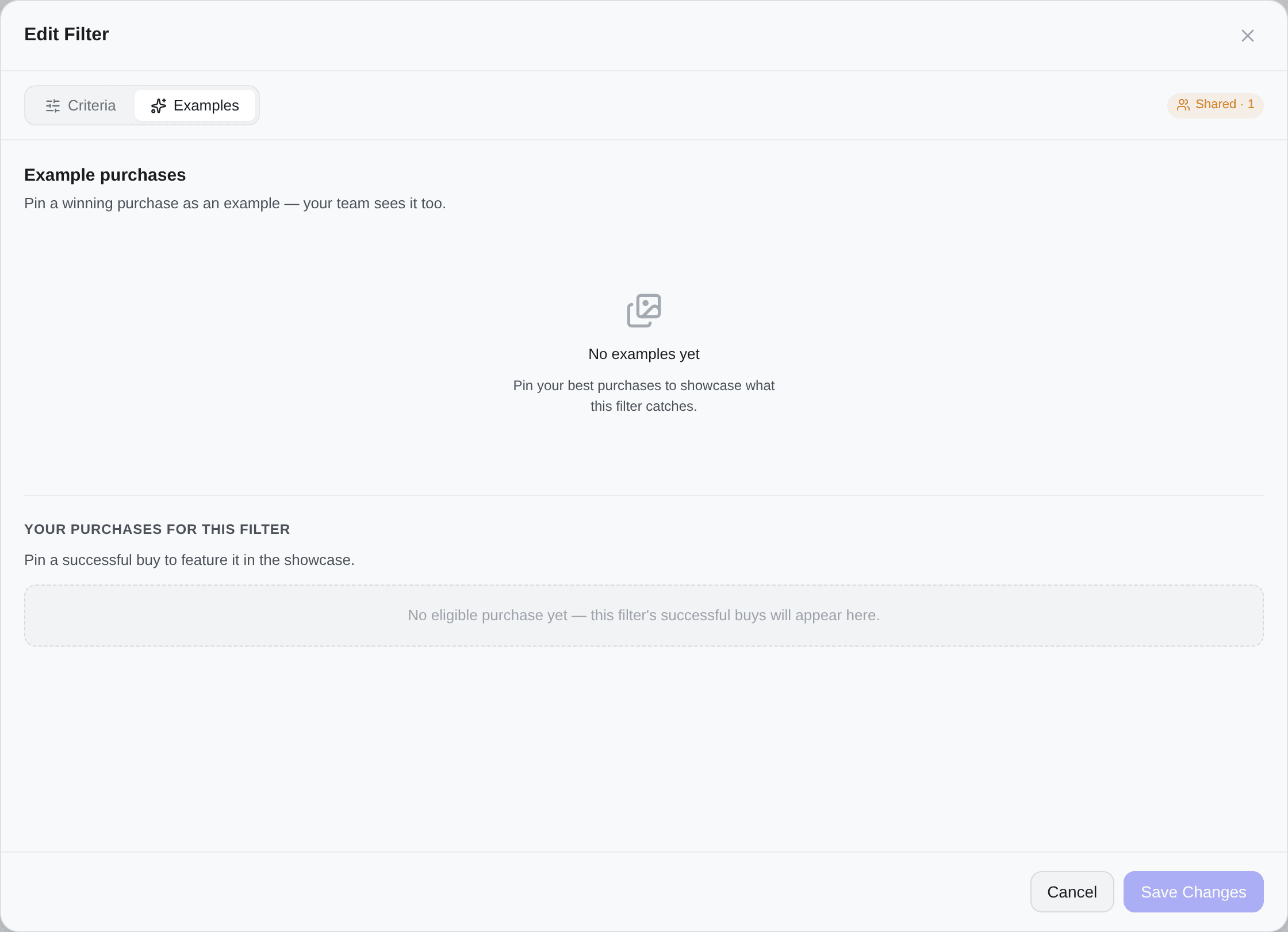 The Examples tab of the filter editor