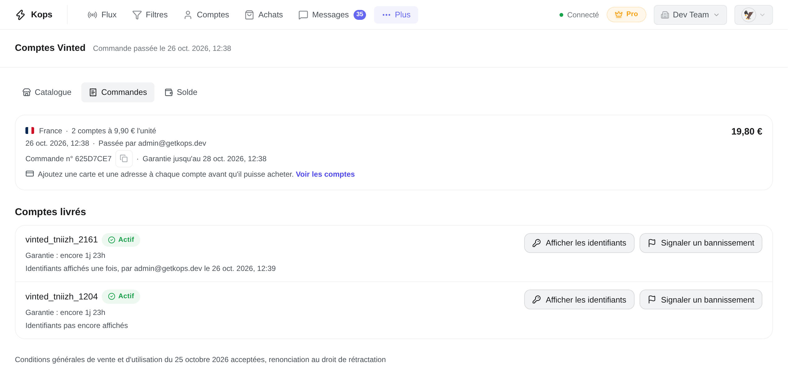 La page d'une commande : son résumé, puis les comptes livrés