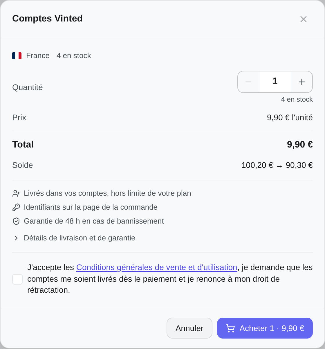 La fenêtre d'achat : quantité, prix, total, solde, et la case à cocher