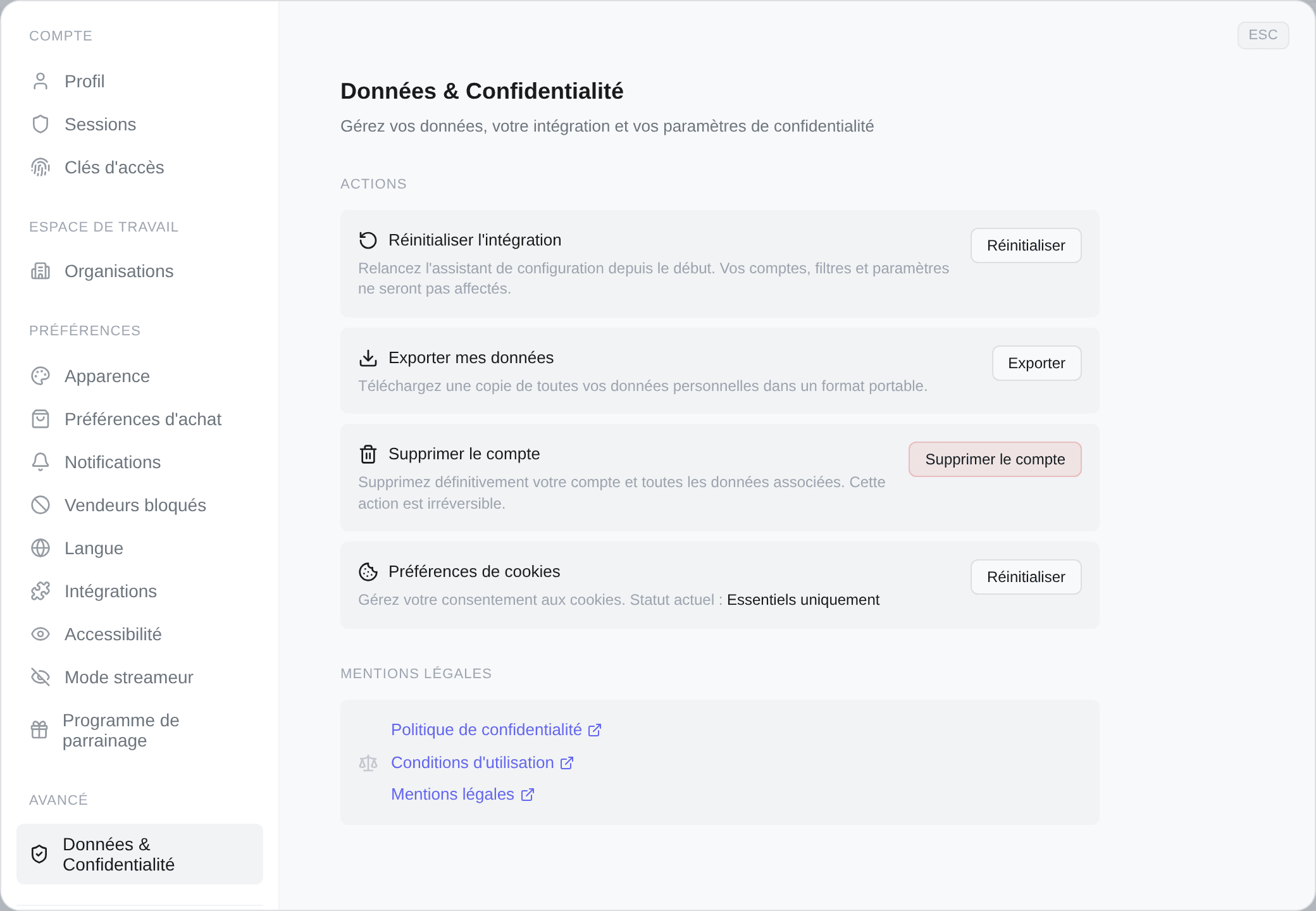 L'onglet Données et confidentialité