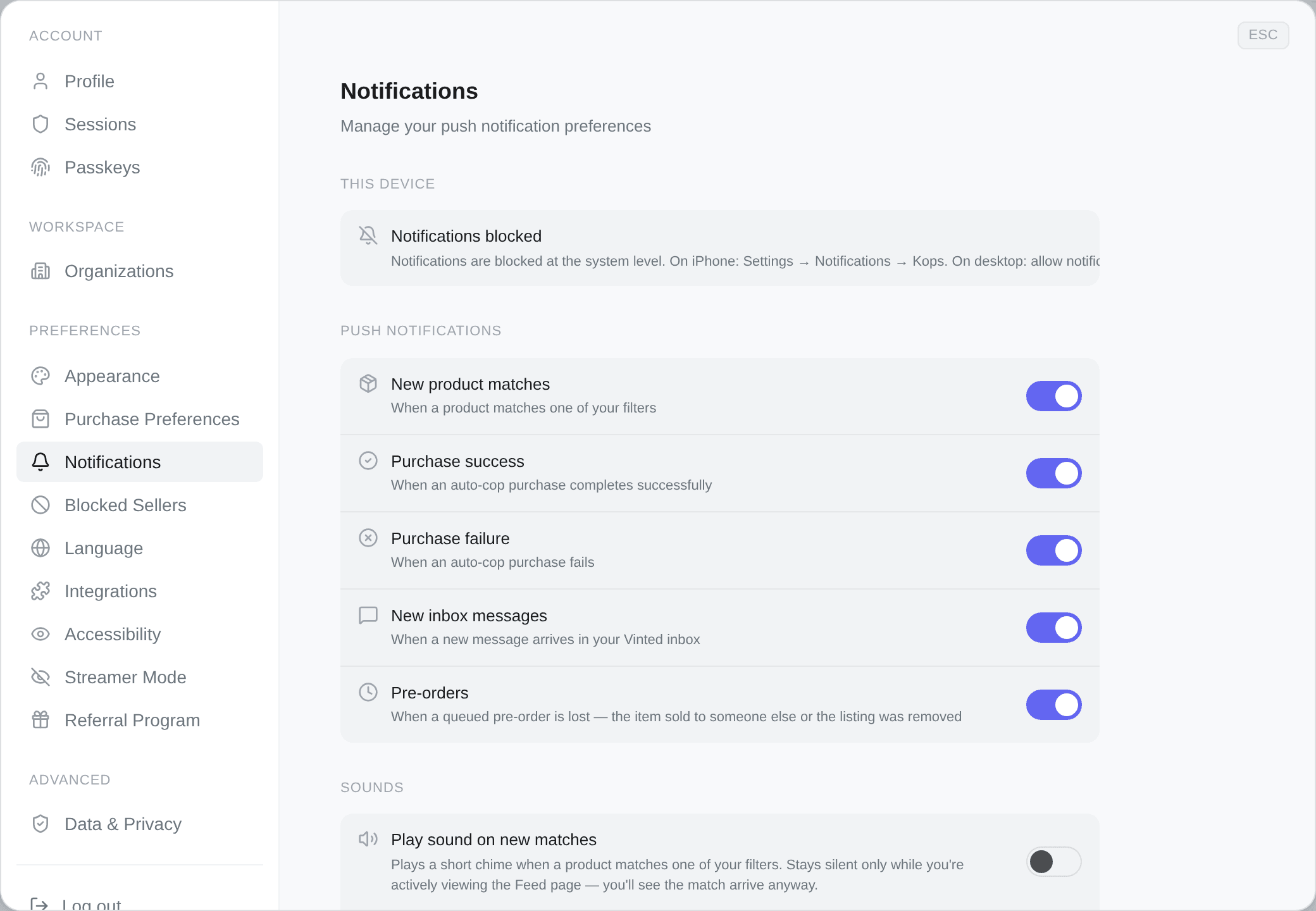 The Notifications tab in settings
