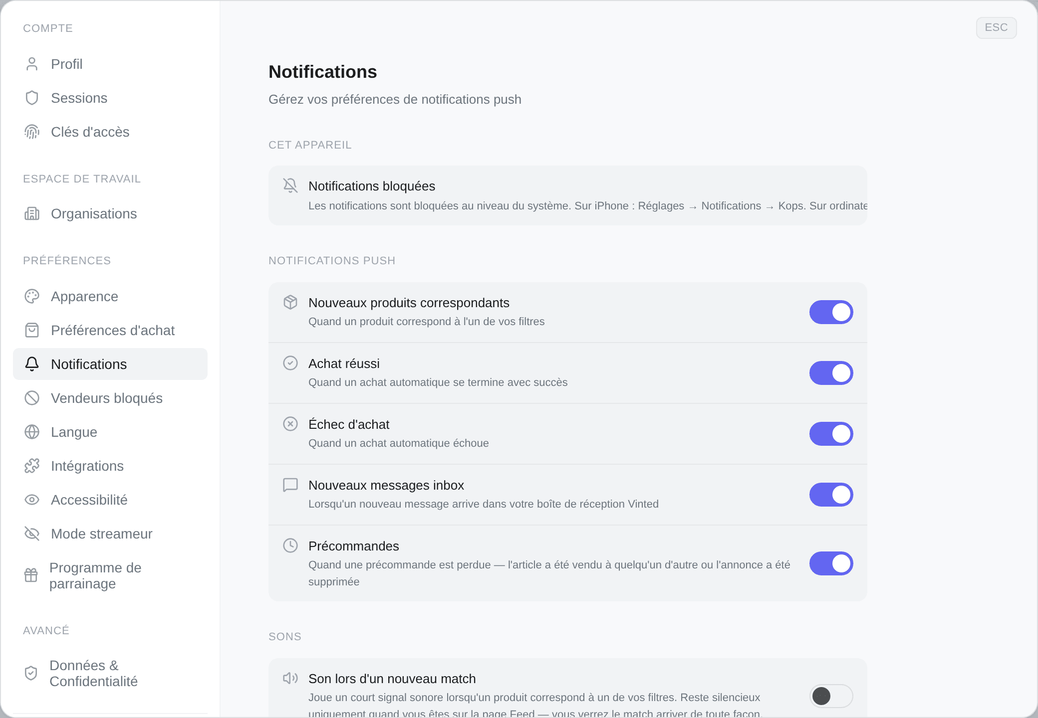L'onglet Notifications dans les paramètres