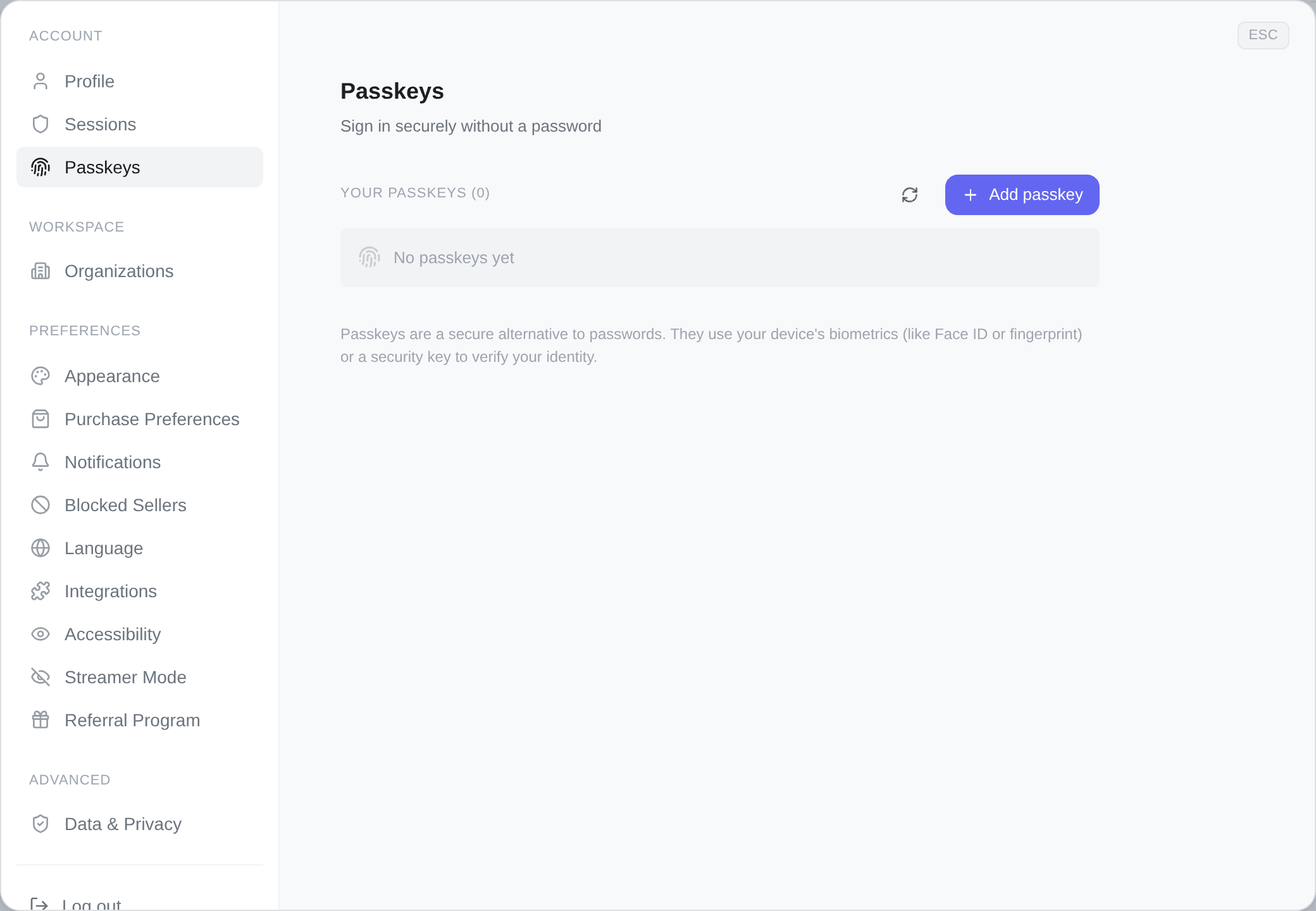 The Passkeys tab