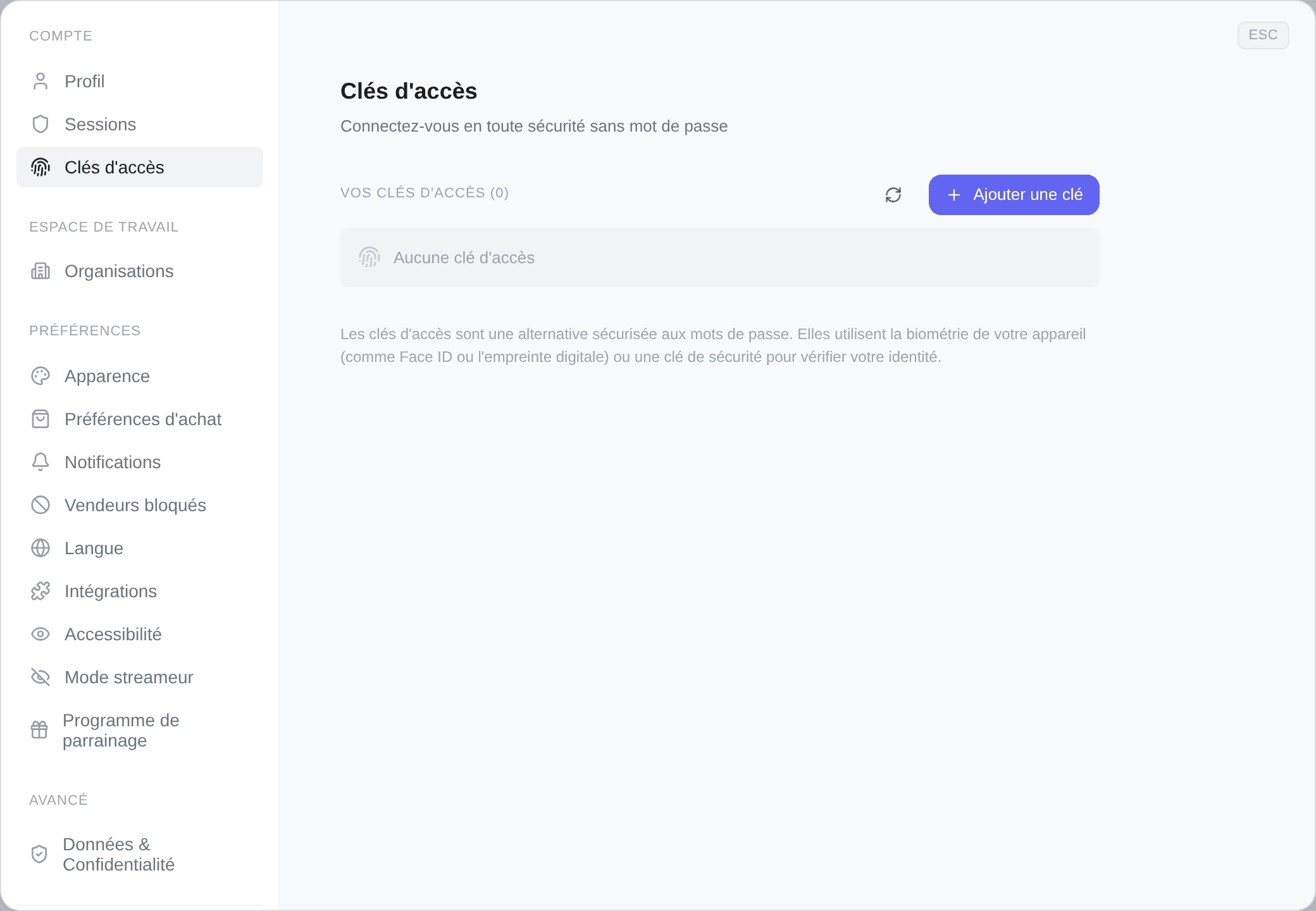 L'onglet Clés d'accès
