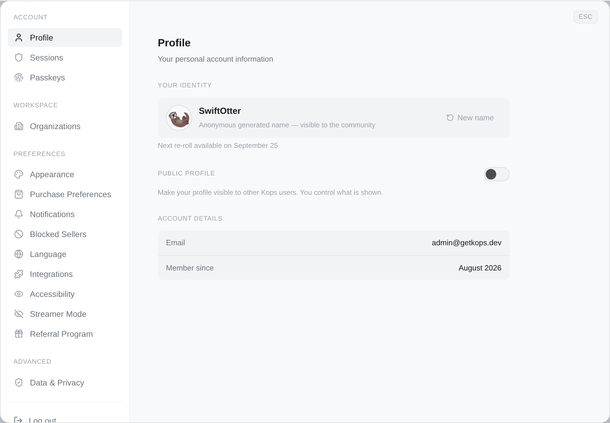 The Profile tab: your generated identity, the public-profile switch, and your account details