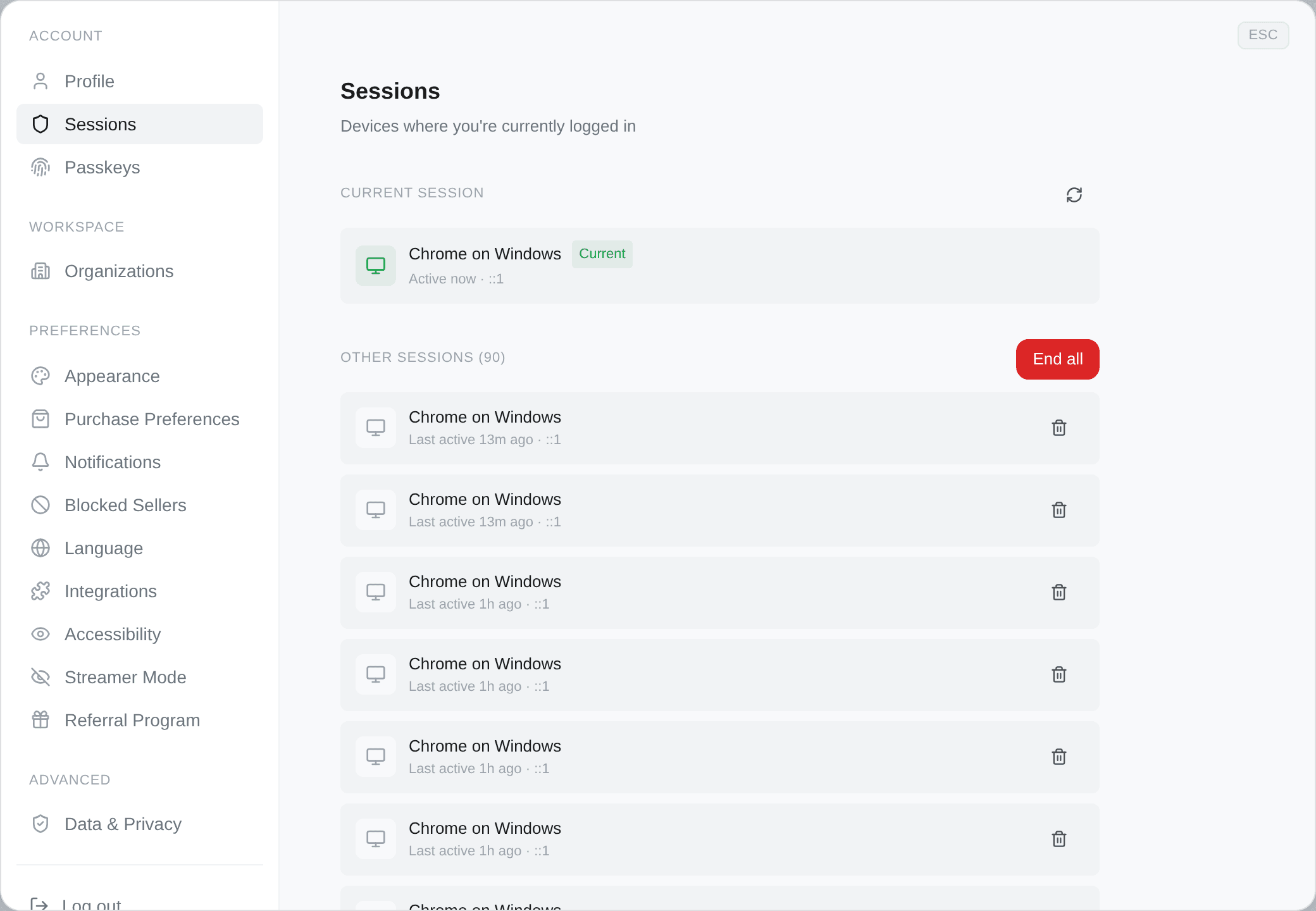 The Sessions tab, listing every signed-in device