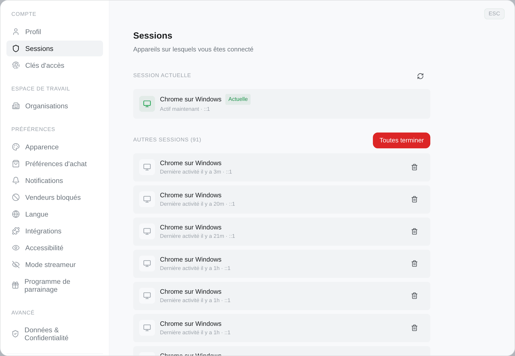 L'onglet Sessions, listant chaque appareil connecté