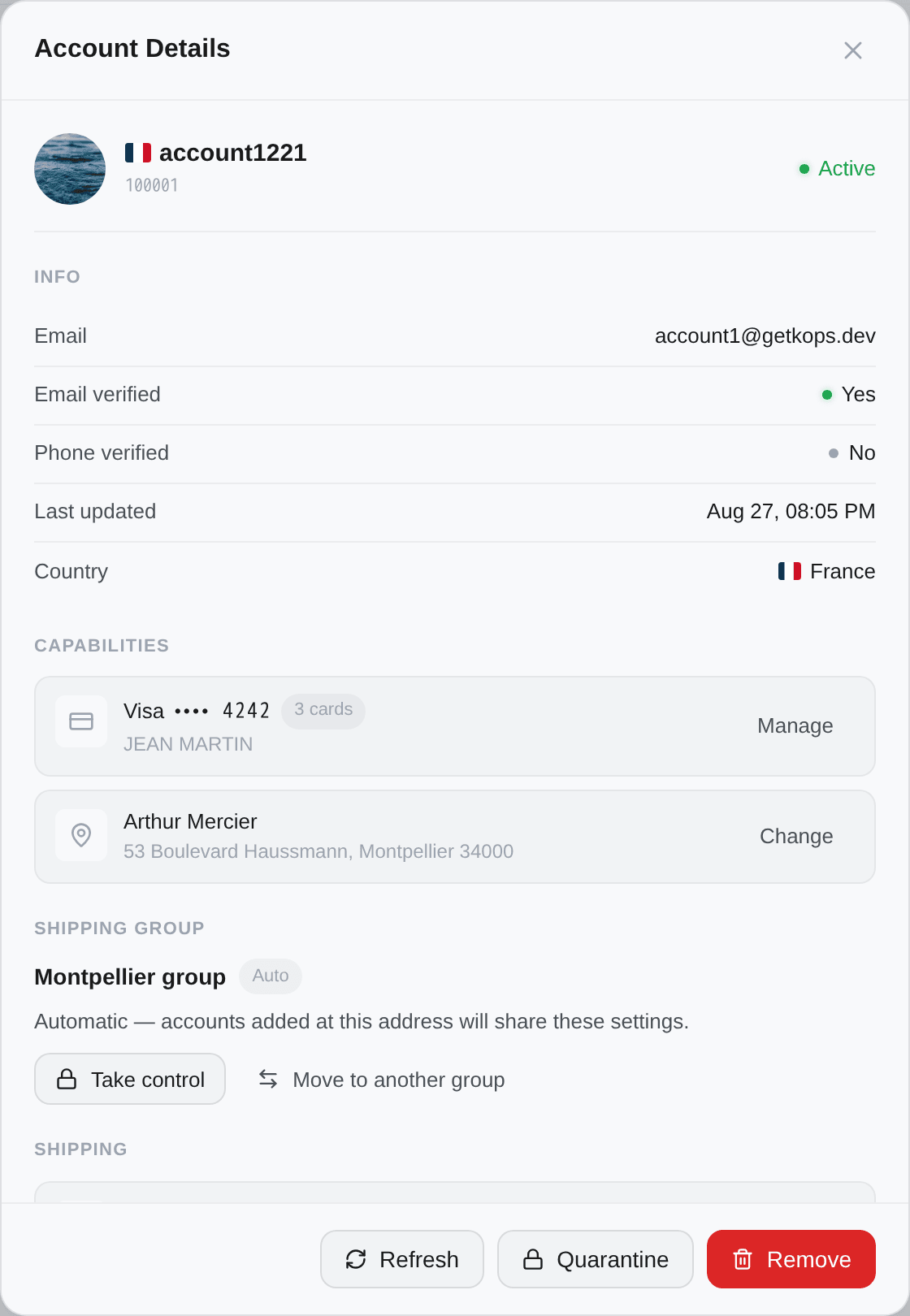 The account detail, with its card, its address and its shipping group