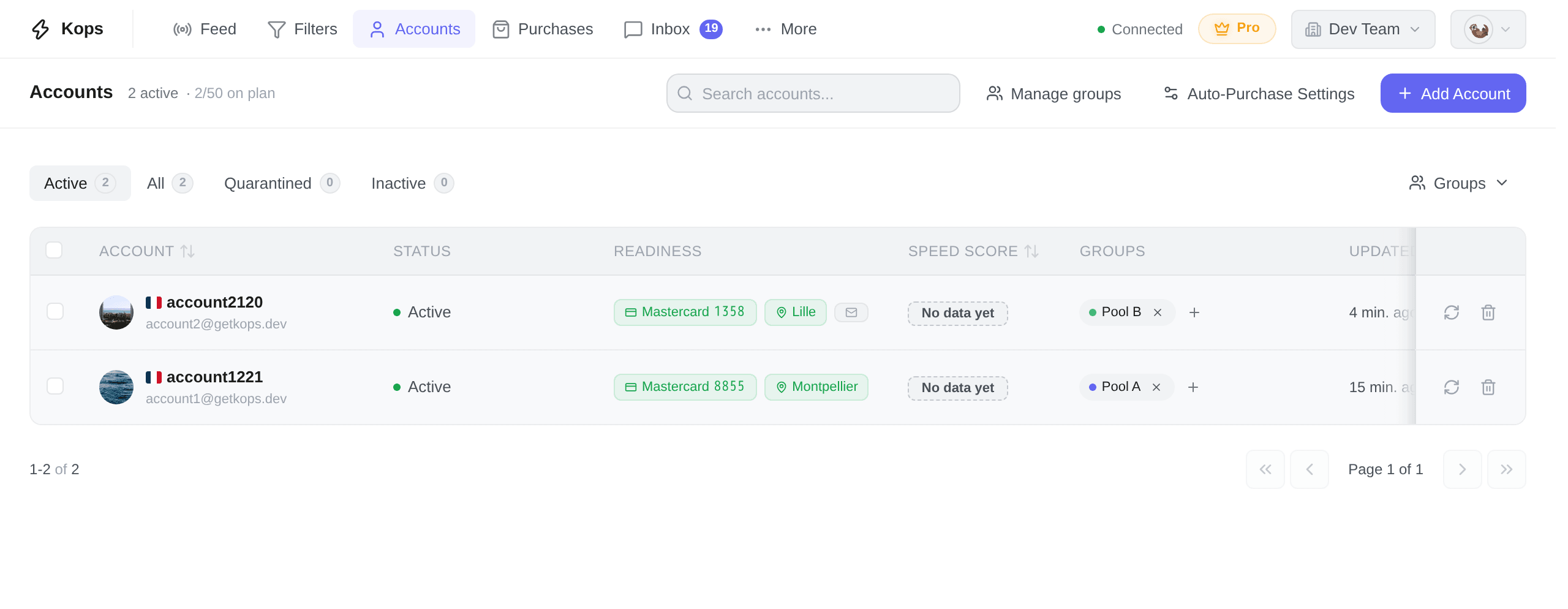 The accounts page, with the status tabs and the accounts table