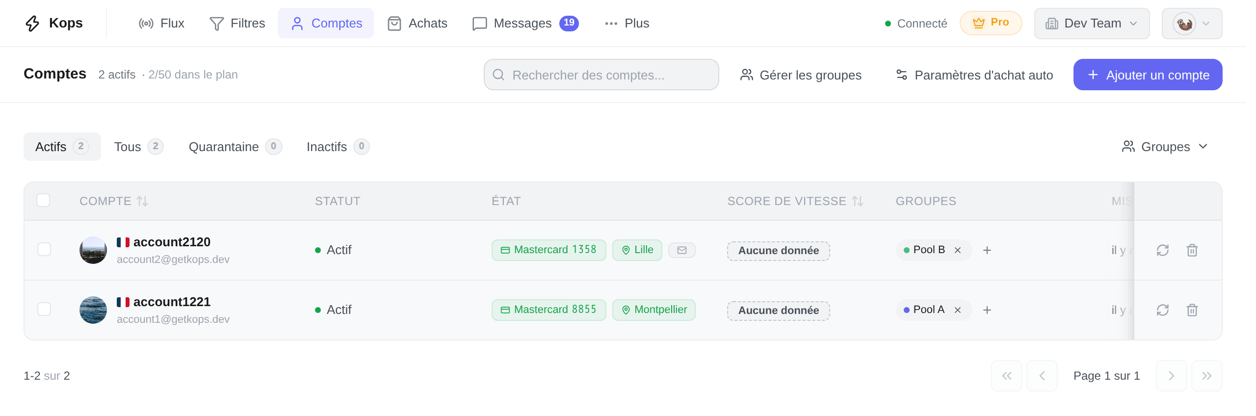 La page Comptes, avec les onglets de statut et le tableau des comptes