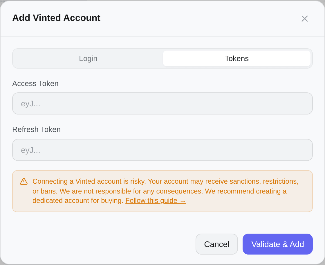 The Tokens tab, with both token fields