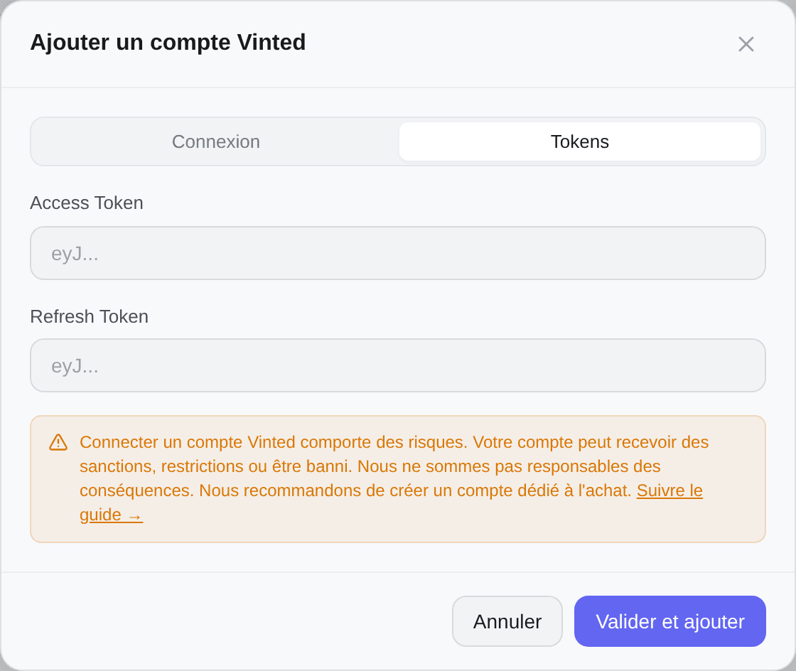 L'onglet Tokens, avec les deux champs de jeton