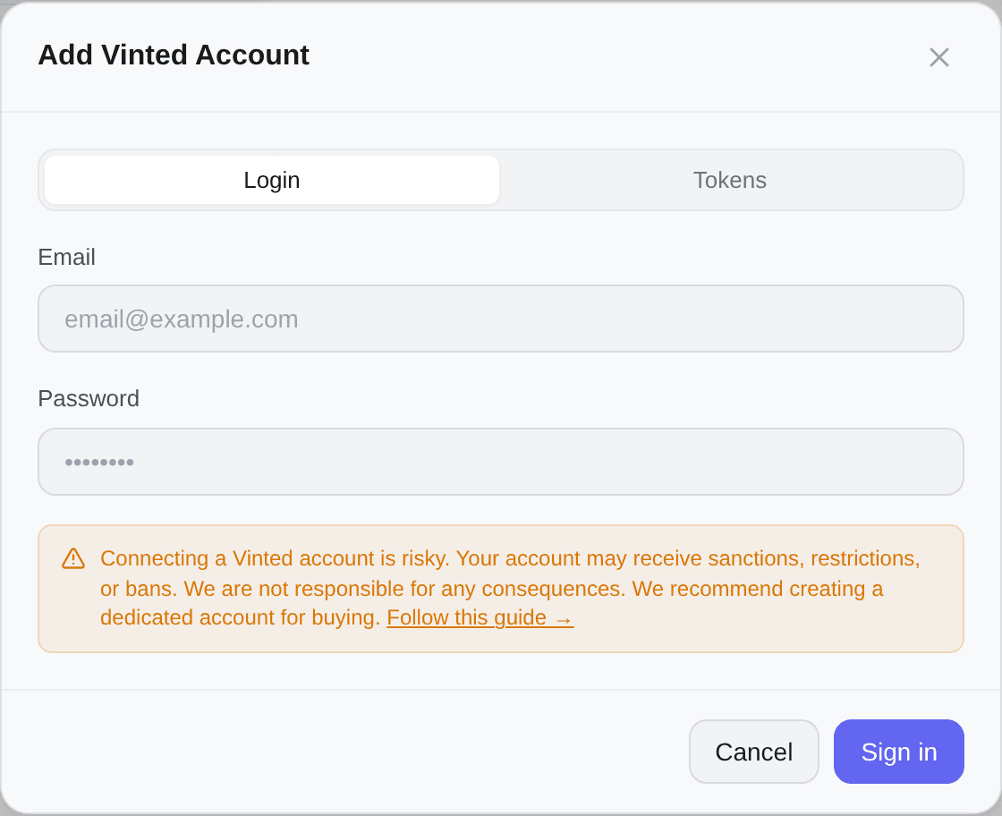 The add-account modal, on the Login tab