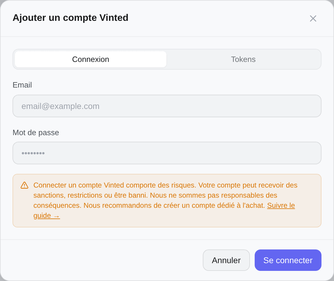 La fenêtre d'ajout de compte, onglet Connexion