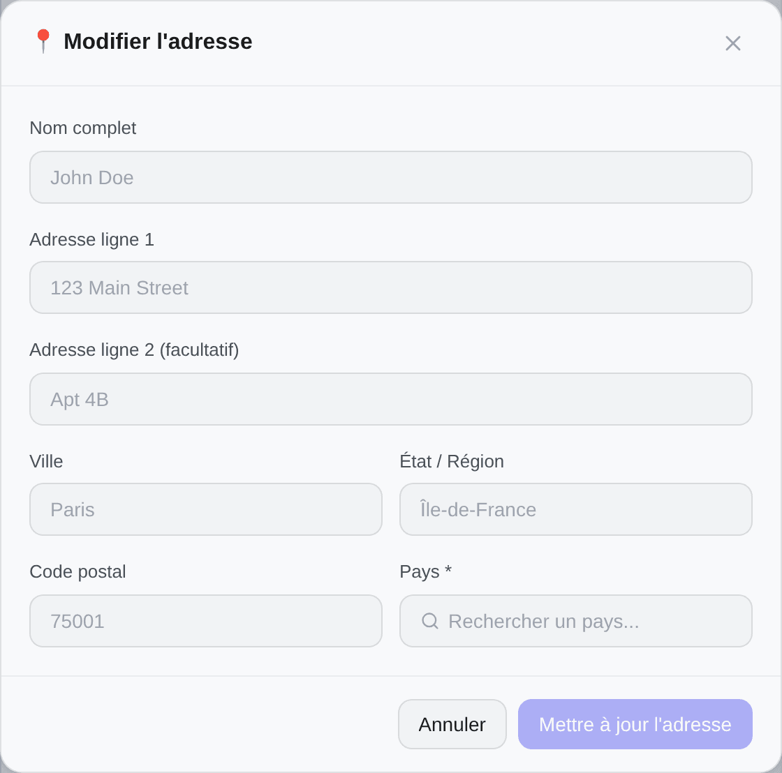 Le formulaire d'adresse