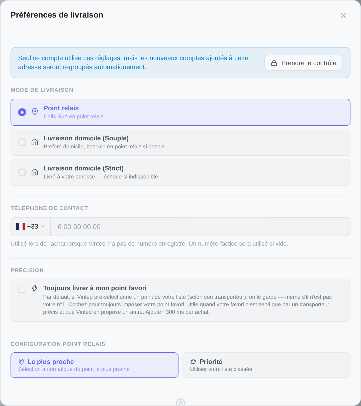 La fenêtre Préférences de livraison