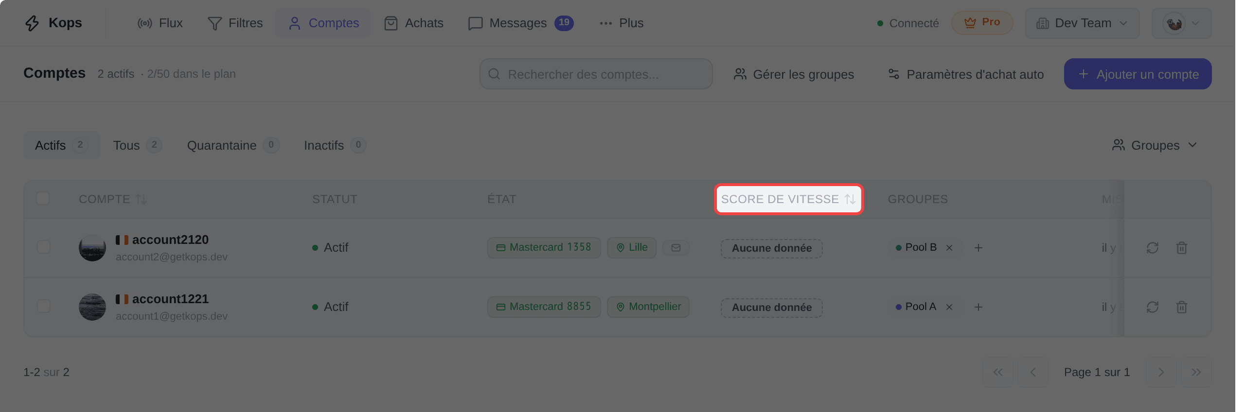 La colonne Score de vitesse