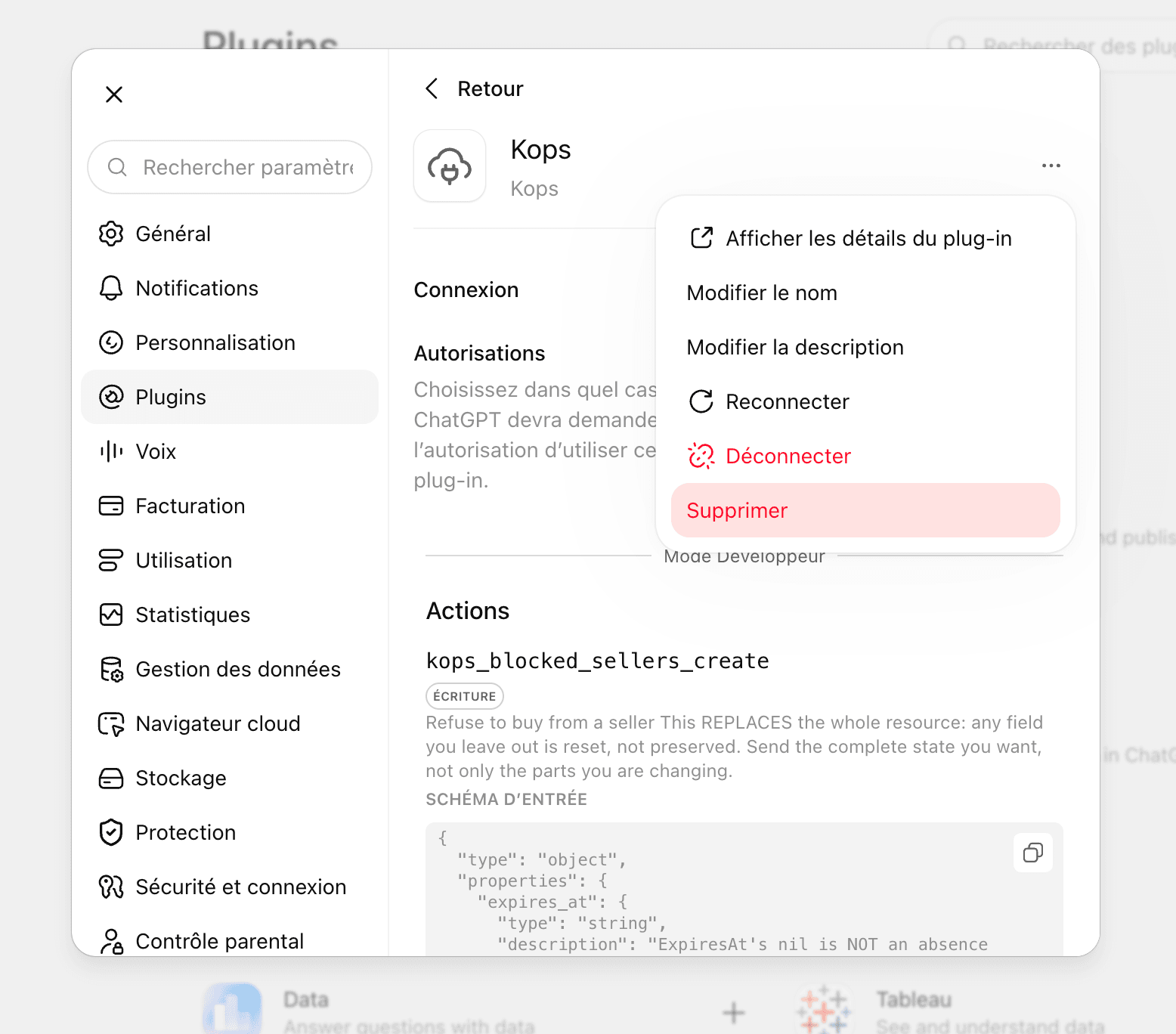 Le plug-in Kops dans ChatGPT, menu ouvert sur Supprimer