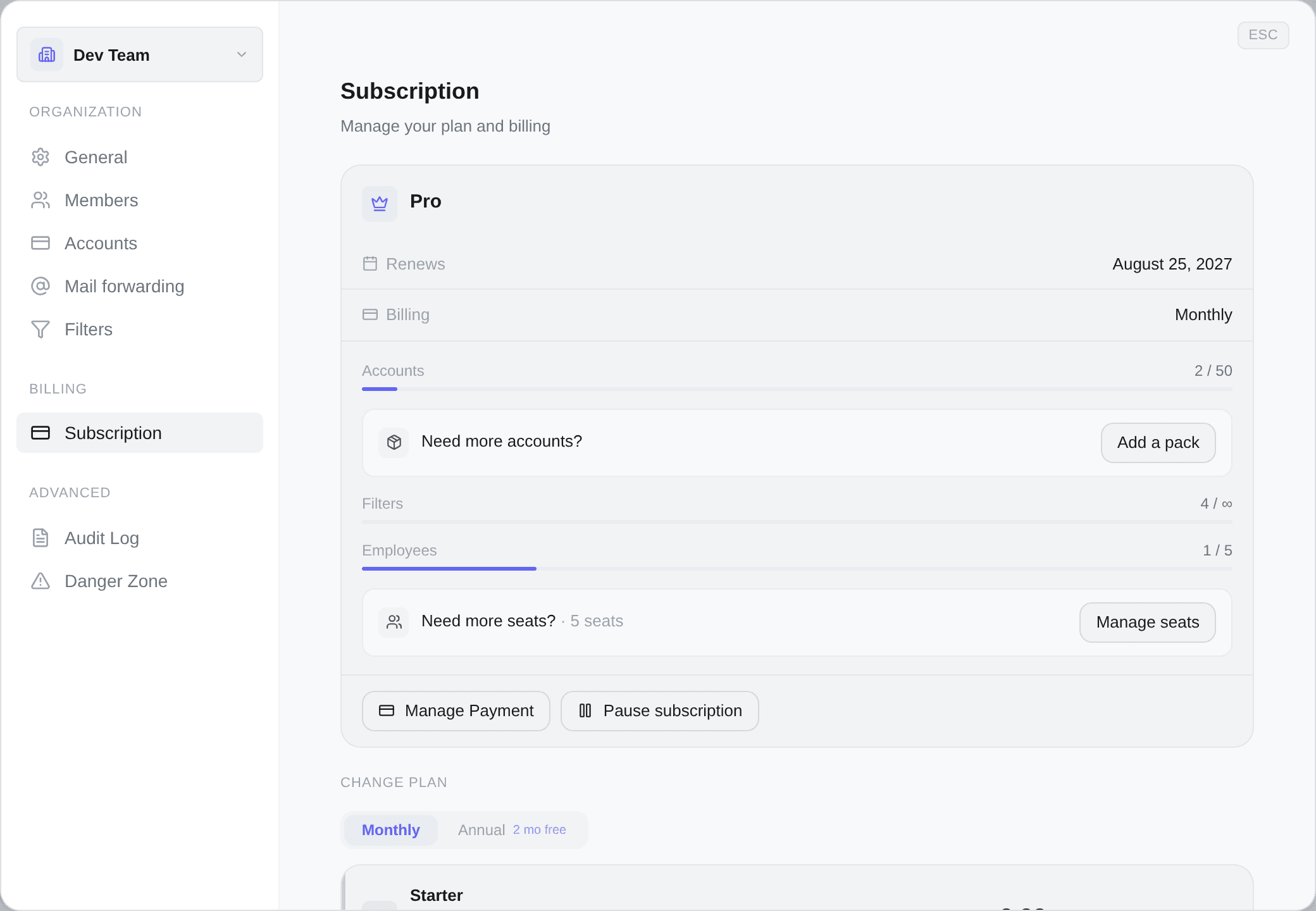 The Subscription tab in workspace settings