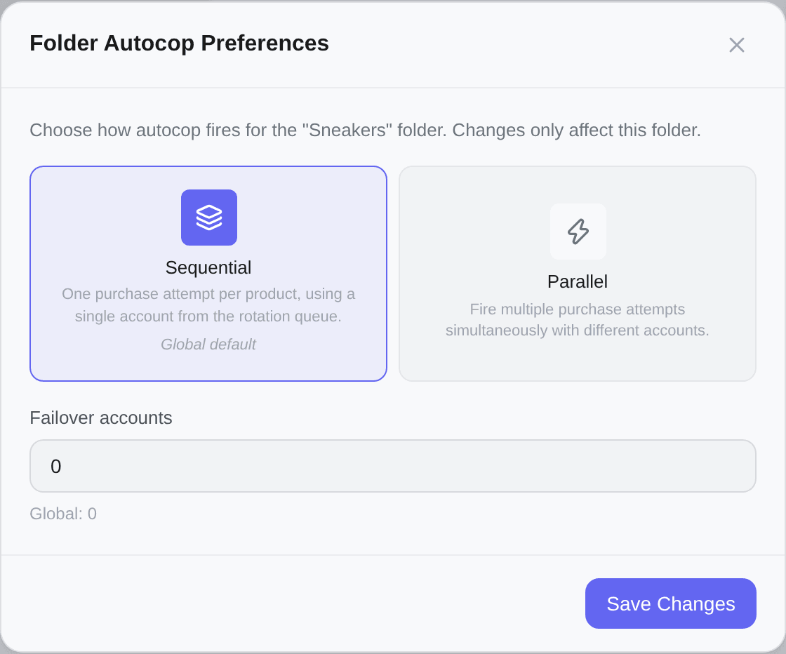 A folder inheriting everything: the mode it falls back to is tagged Global default, the failover field reads Global: 0, and there is nothing yet to reset