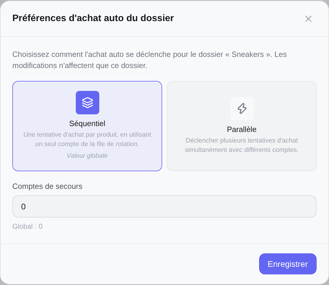 Un dossier qui hérite de tout : le mode de repli porte l'étiquette Valeur globale, le champ de secours affiche Global : 0, et il n'y a encore rien à réinitialiser