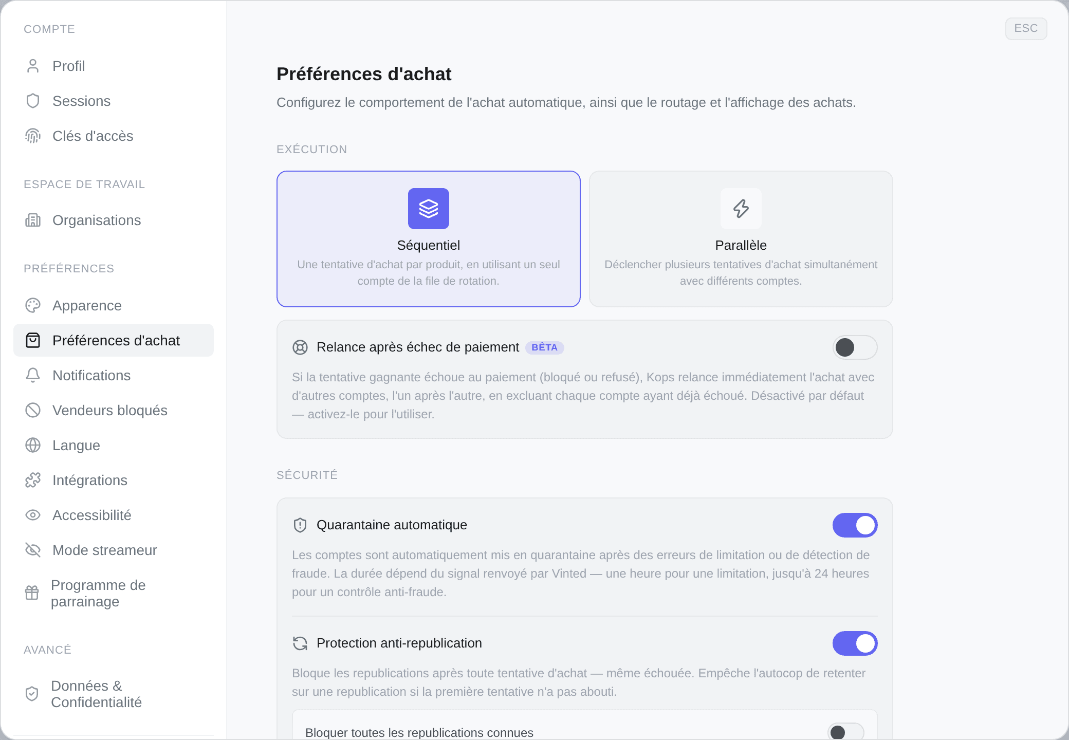 Les préférences d'achat, avec Séquentiel et Parallèle côte à côte