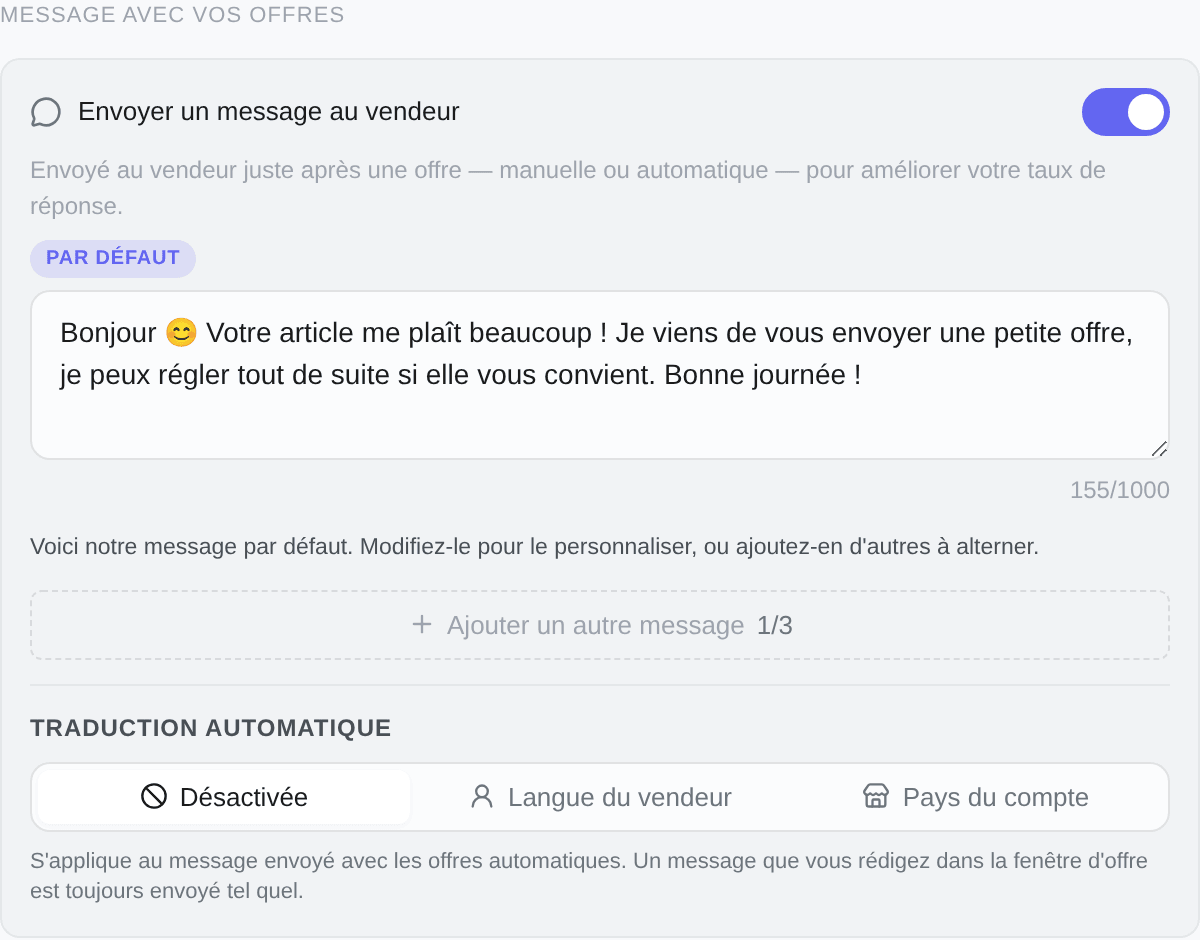 La carte du message d'offre : l'interrupteur, le texte par défaut avec son compteur de caractères, la place pour deux de plus, et son propre réglage de traduction