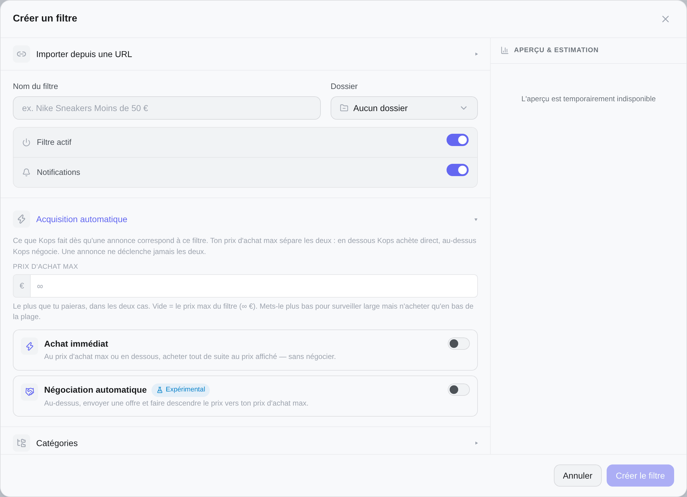 La section Acquisition automatique : le prix d'achat max, puis les deux automatisations