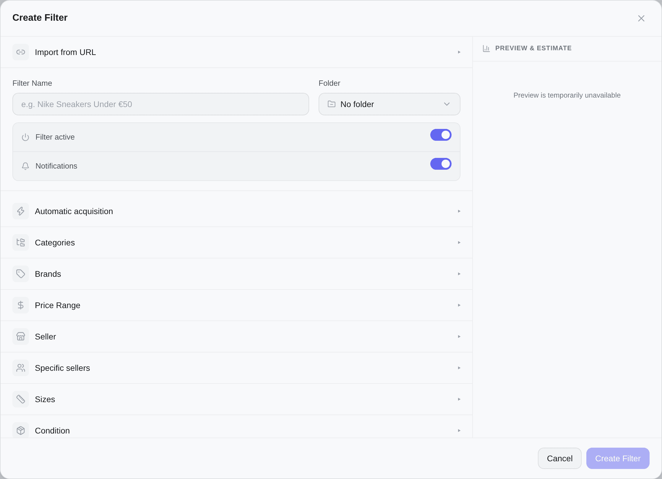 The filter creation modal, one section per criterion