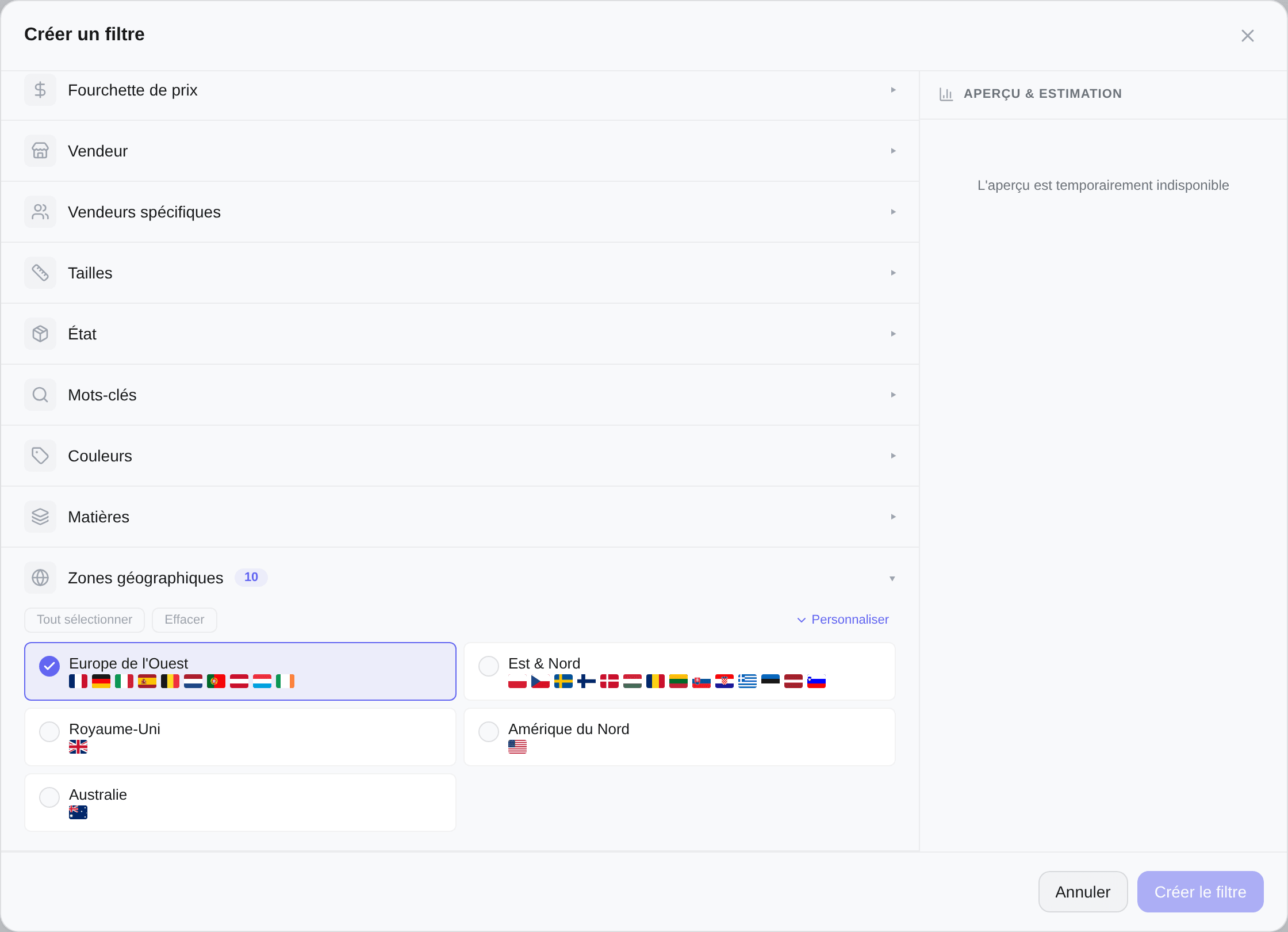 La section Zones géographiques, dépliée