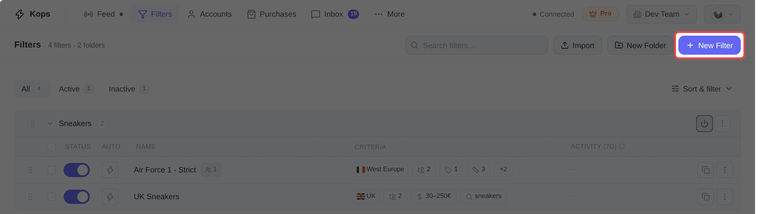 The New Filter button, top right of the filters page