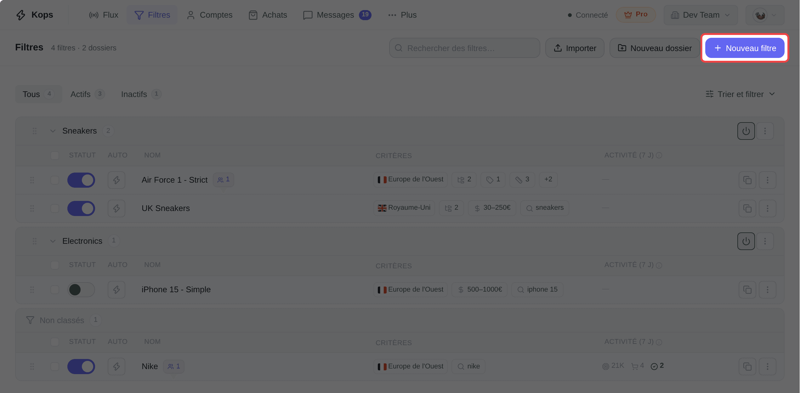 Le bouton Nouveau filtre, en haut à droite de la page Filtres