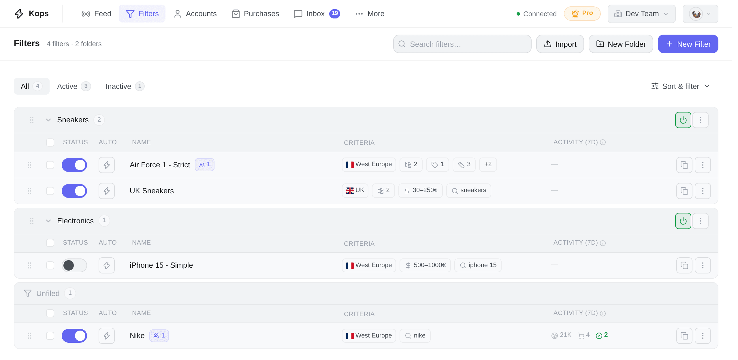 The filters page, with folders and one row per filter