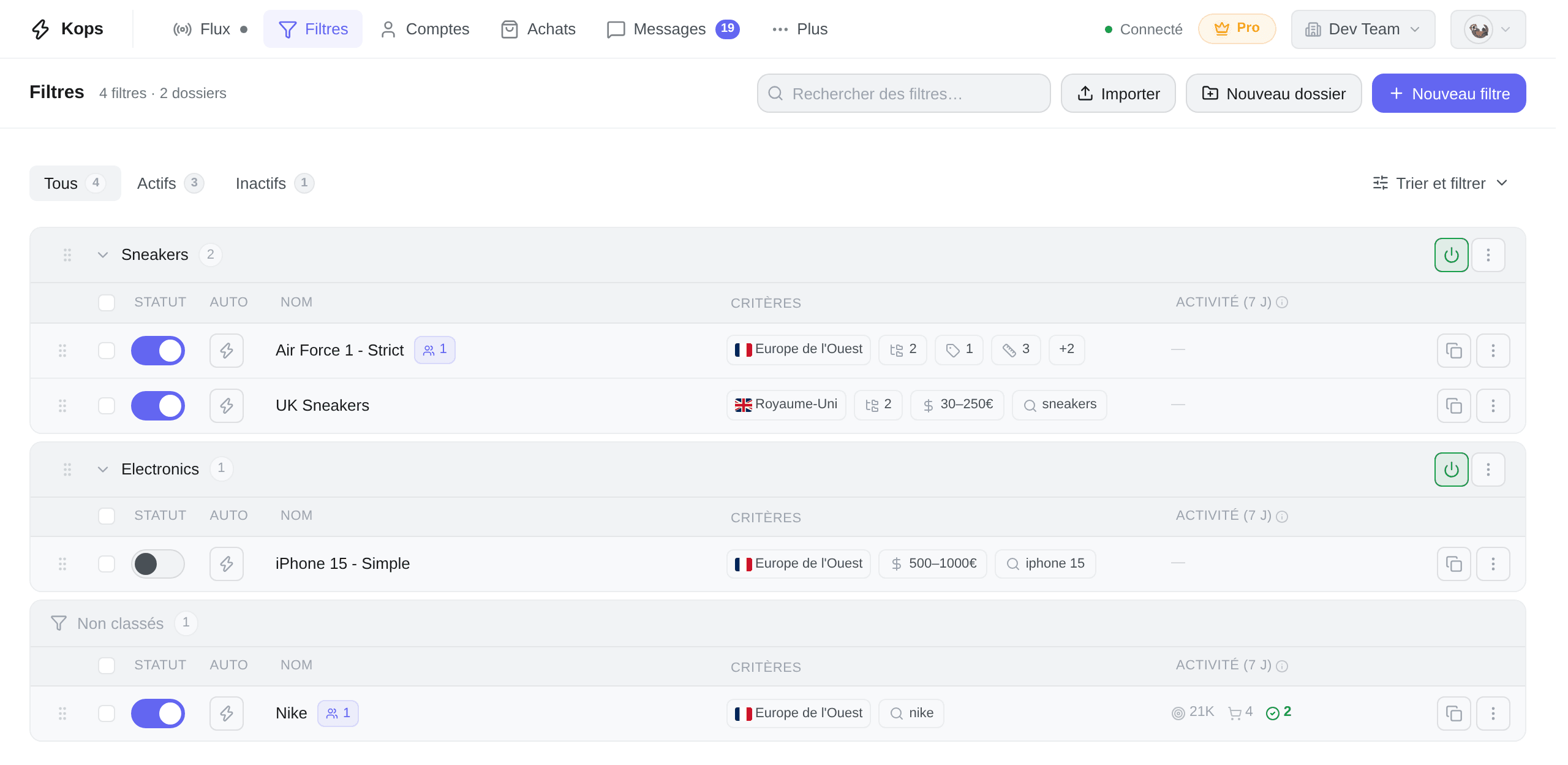 La page Filtres, avec ses dossiers et une ligne par filtre