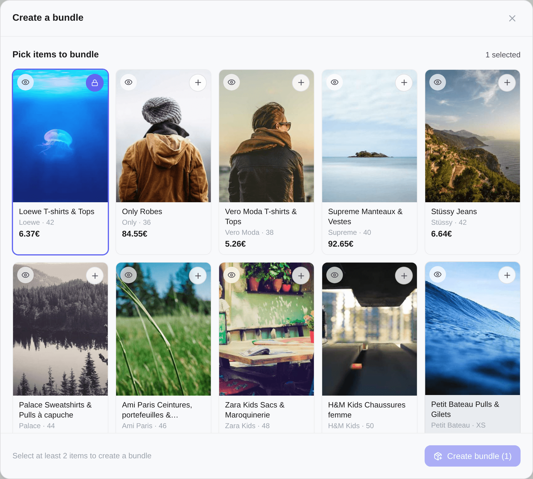 The bundle picker: the seller's closet, the locked starting item, and the running total in the footer