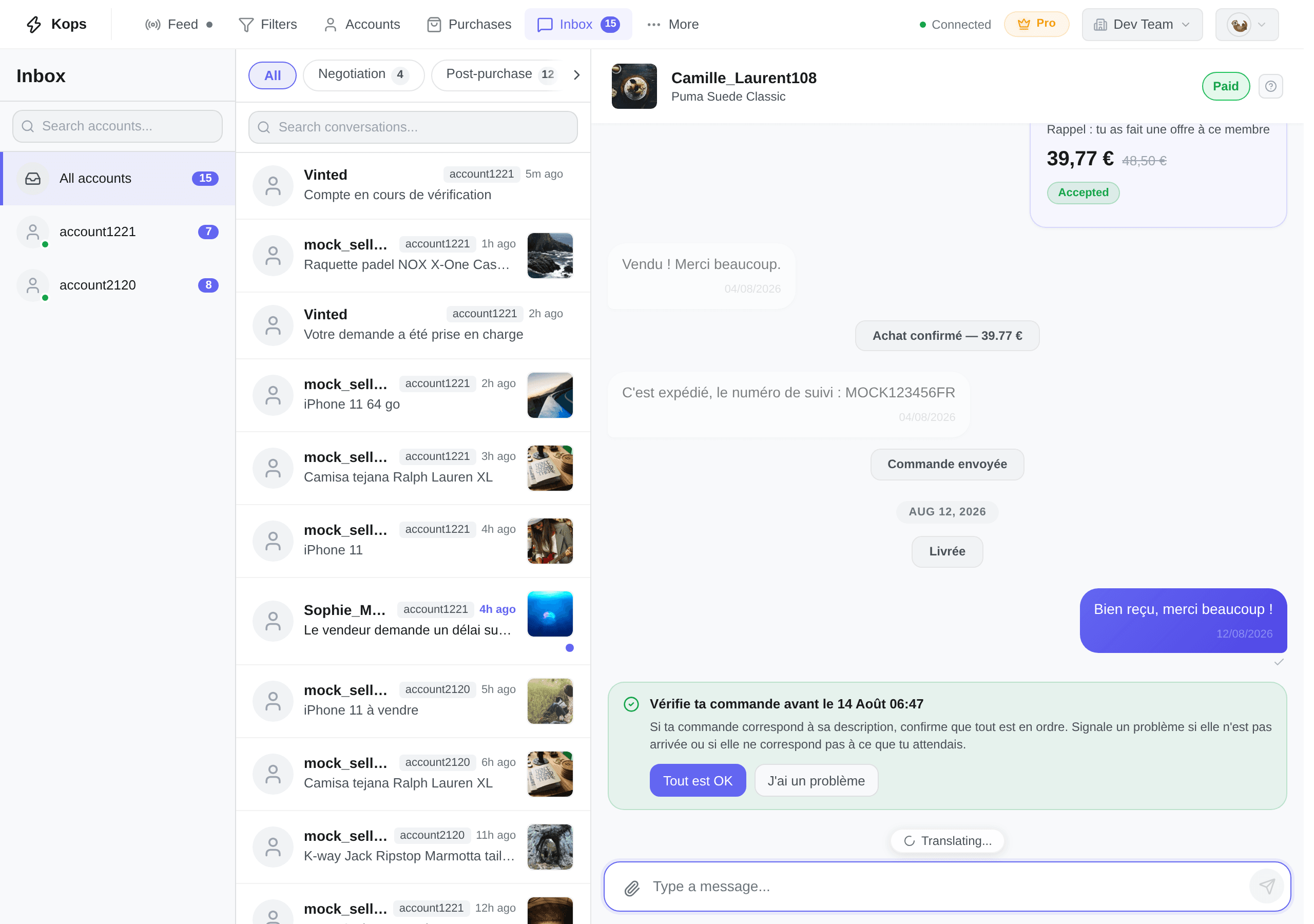 A delivered order: Vinted's narration lines, its green card with two buttons, and the status badge in the header