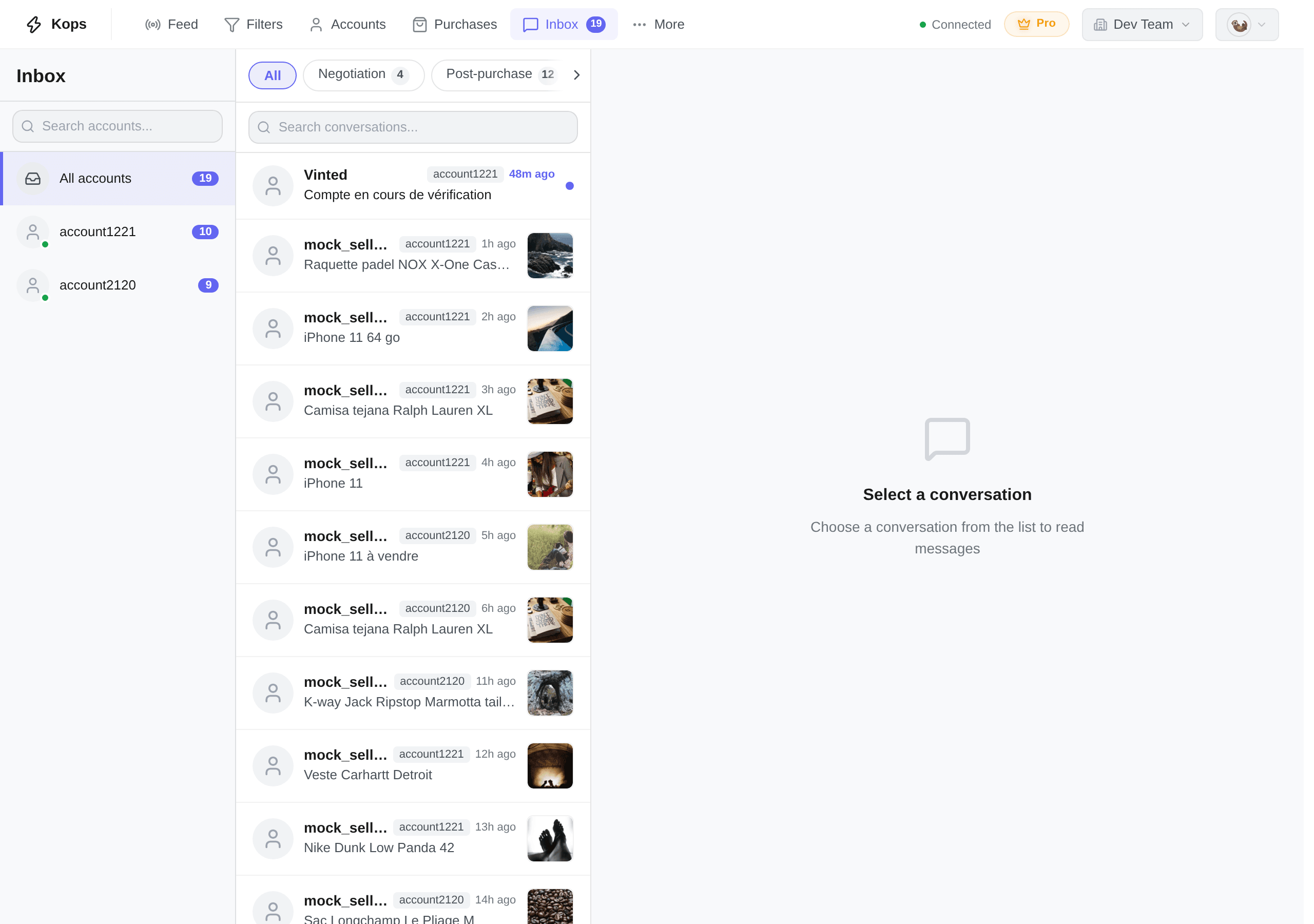 The inbox, with accounts, conversations and the thread side by side