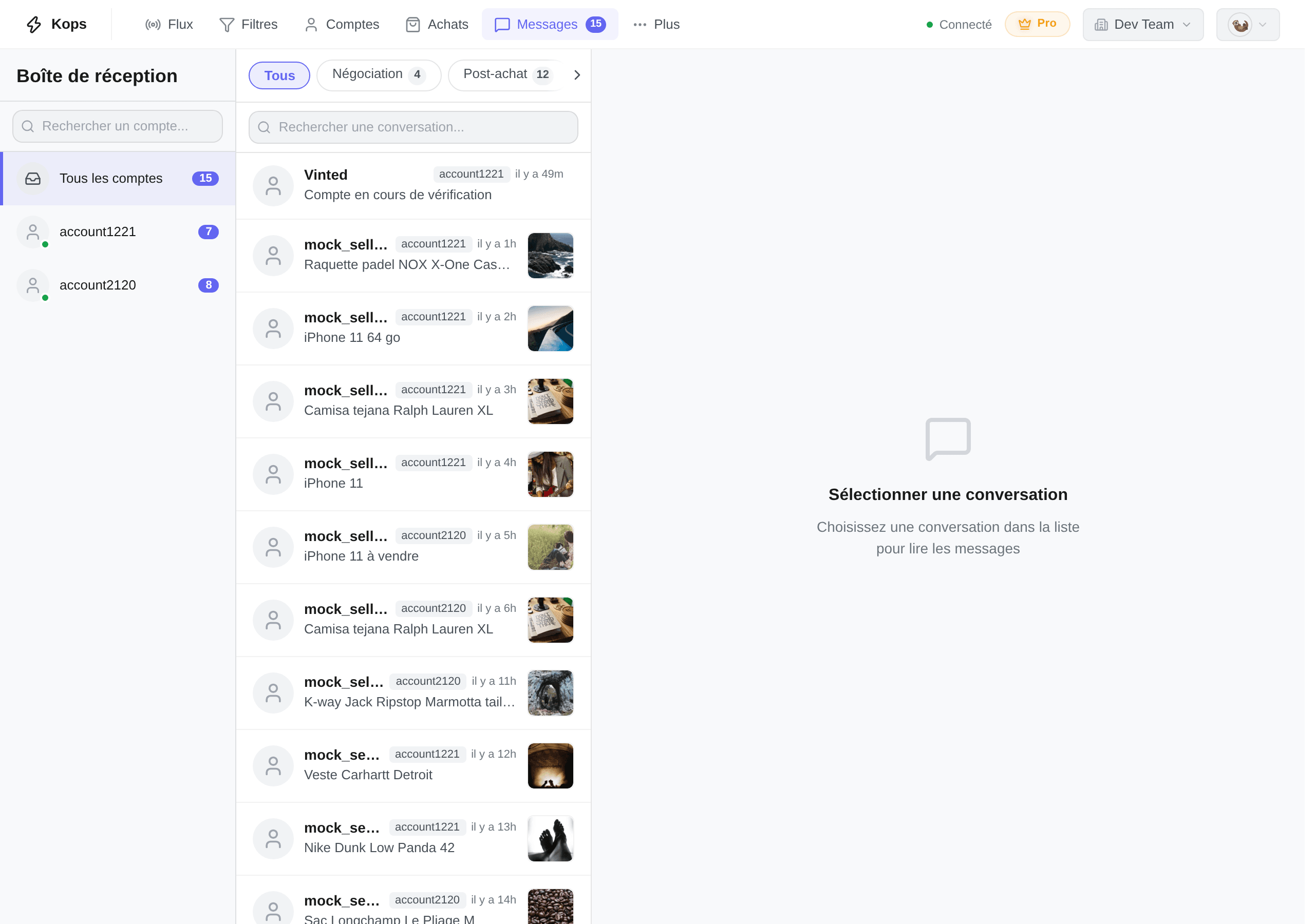 La boîte de réception, avec les comptes, les conversations et le fil côte à côte
