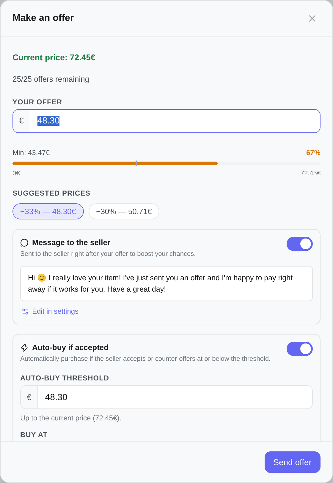 The offer form: the price, the gauge, the quick picks, the message to the seller and the auto-buy section