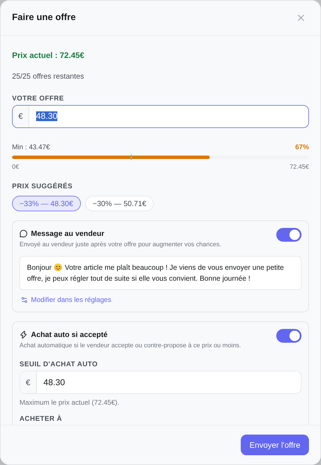 Le formulaire d'offre : le prix, la jauge, les prix suggérés, le message au vendeur et la section achat auto