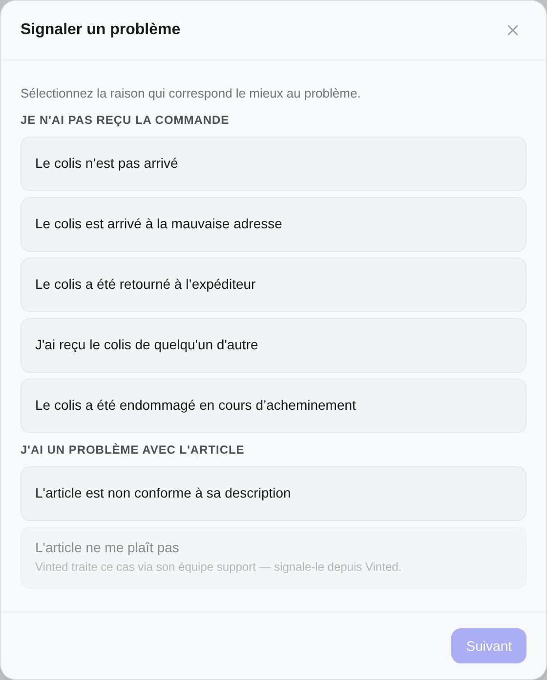 Première étape : l'arbre des problèmes de Vinted pour cette commande, avec les entrées que Kops ne peut pas déposer grisées et expliquées