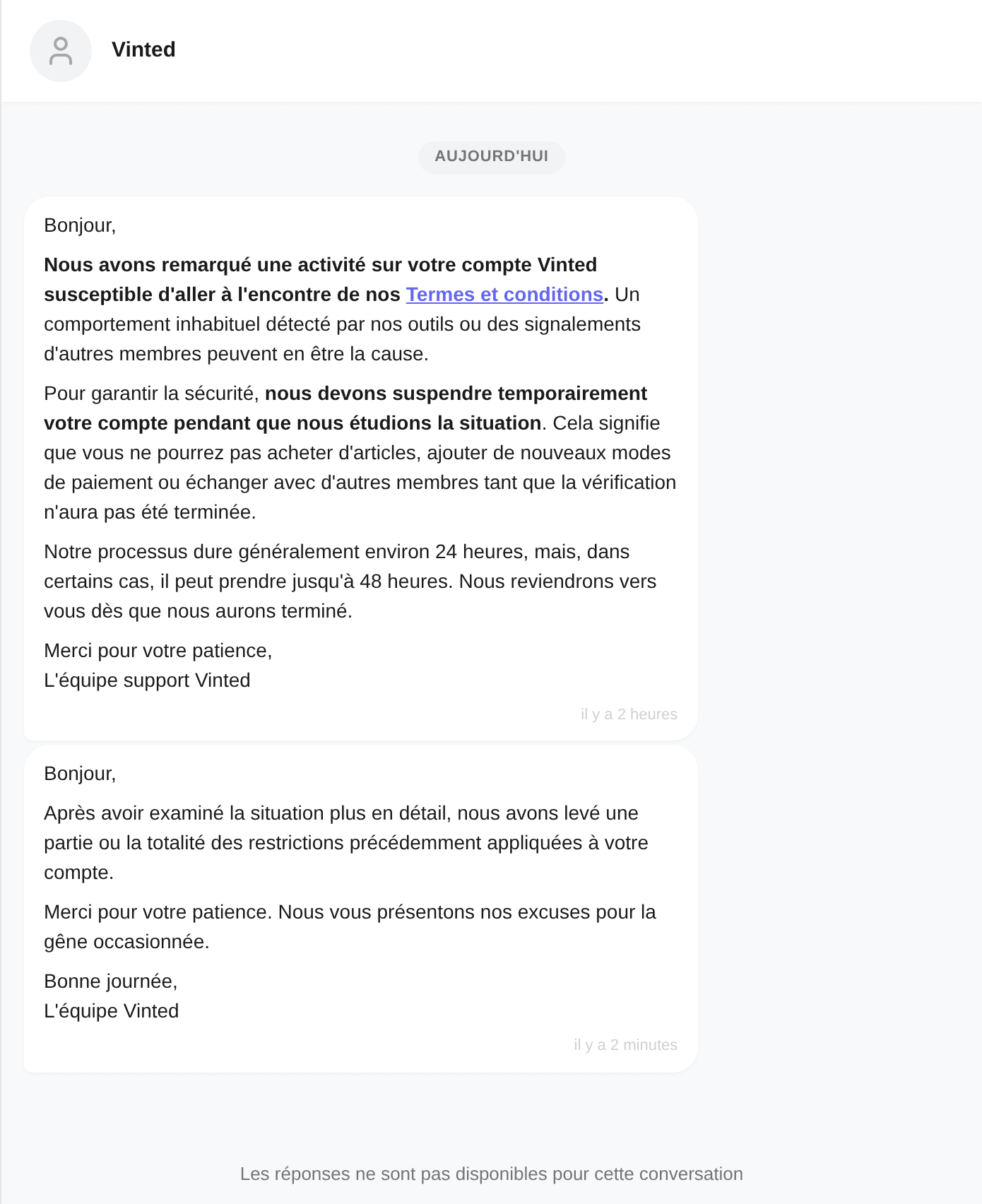 Un avis Vinted : aucun article, aucune barre d'achat, aucune zone de saisie