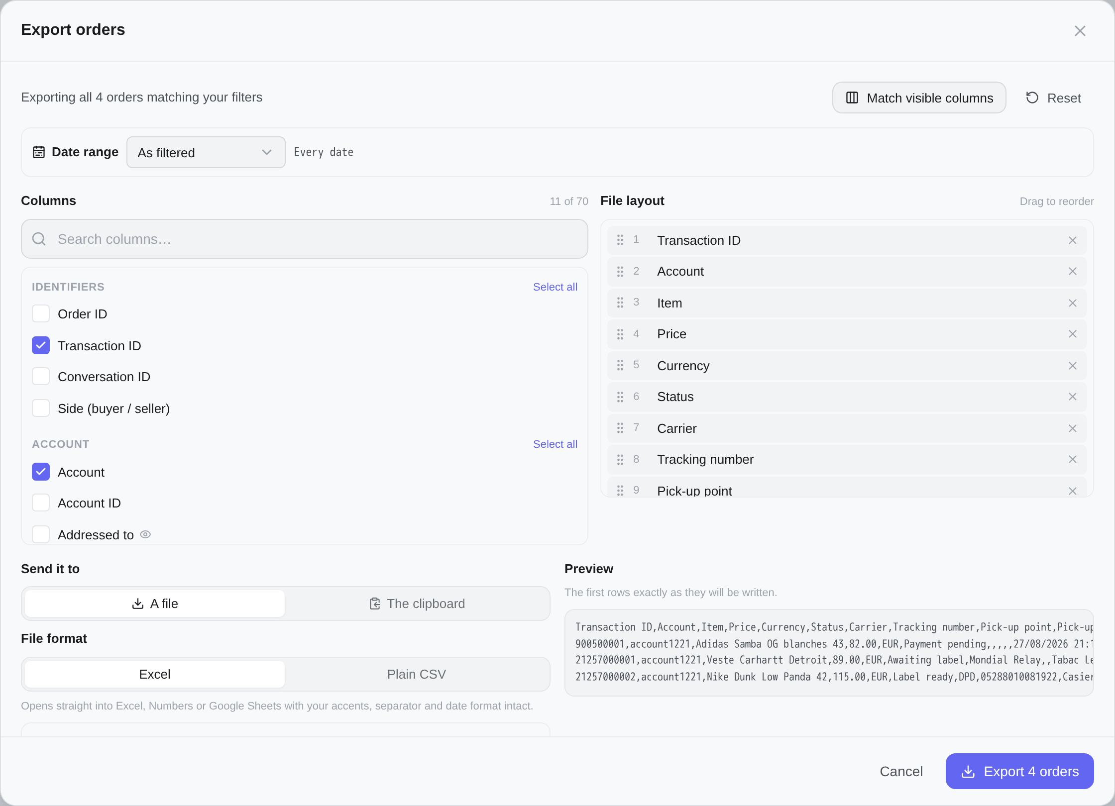The export dialog: format, columns, range and destination