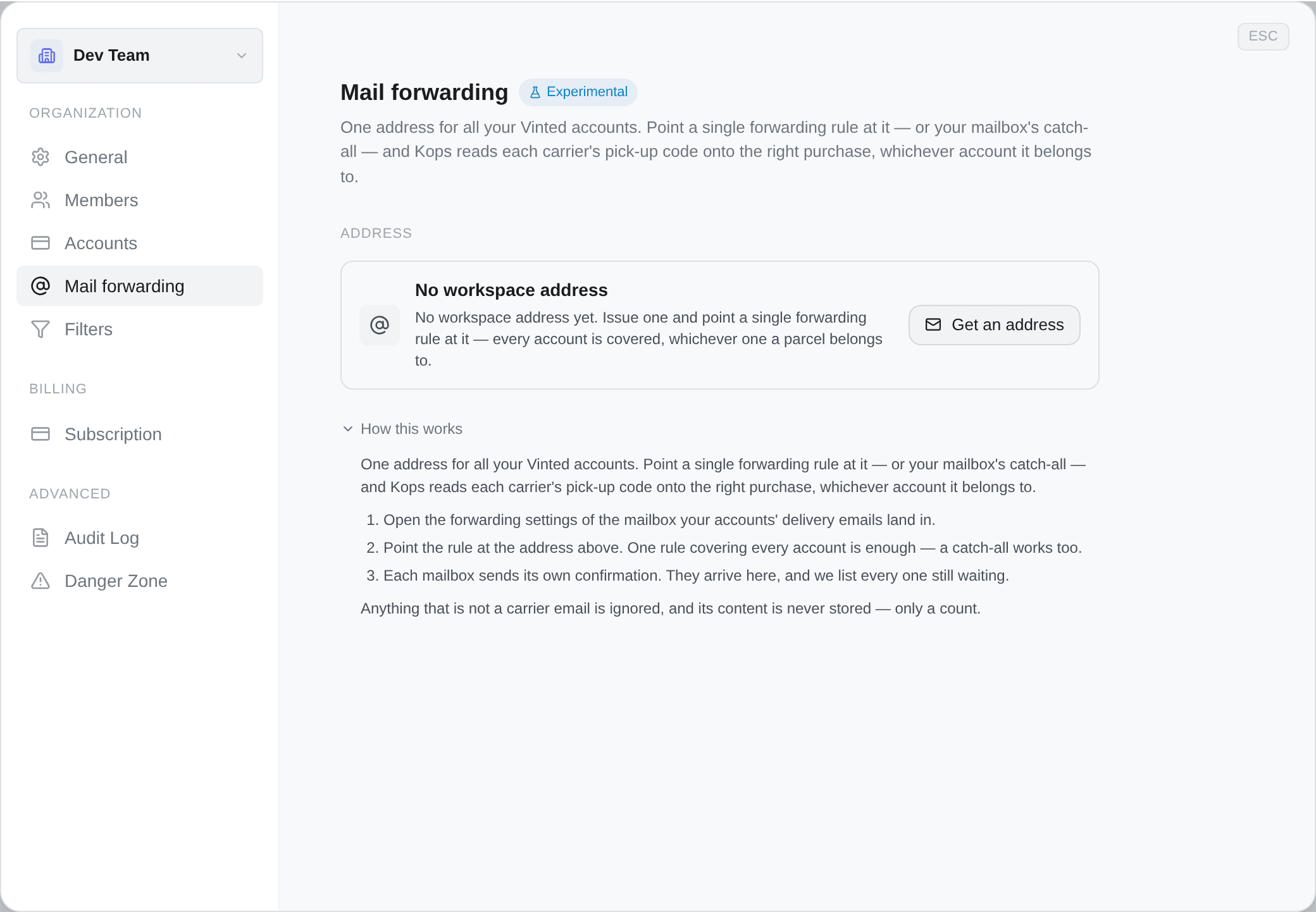 The forwarding tab in workspace settings
