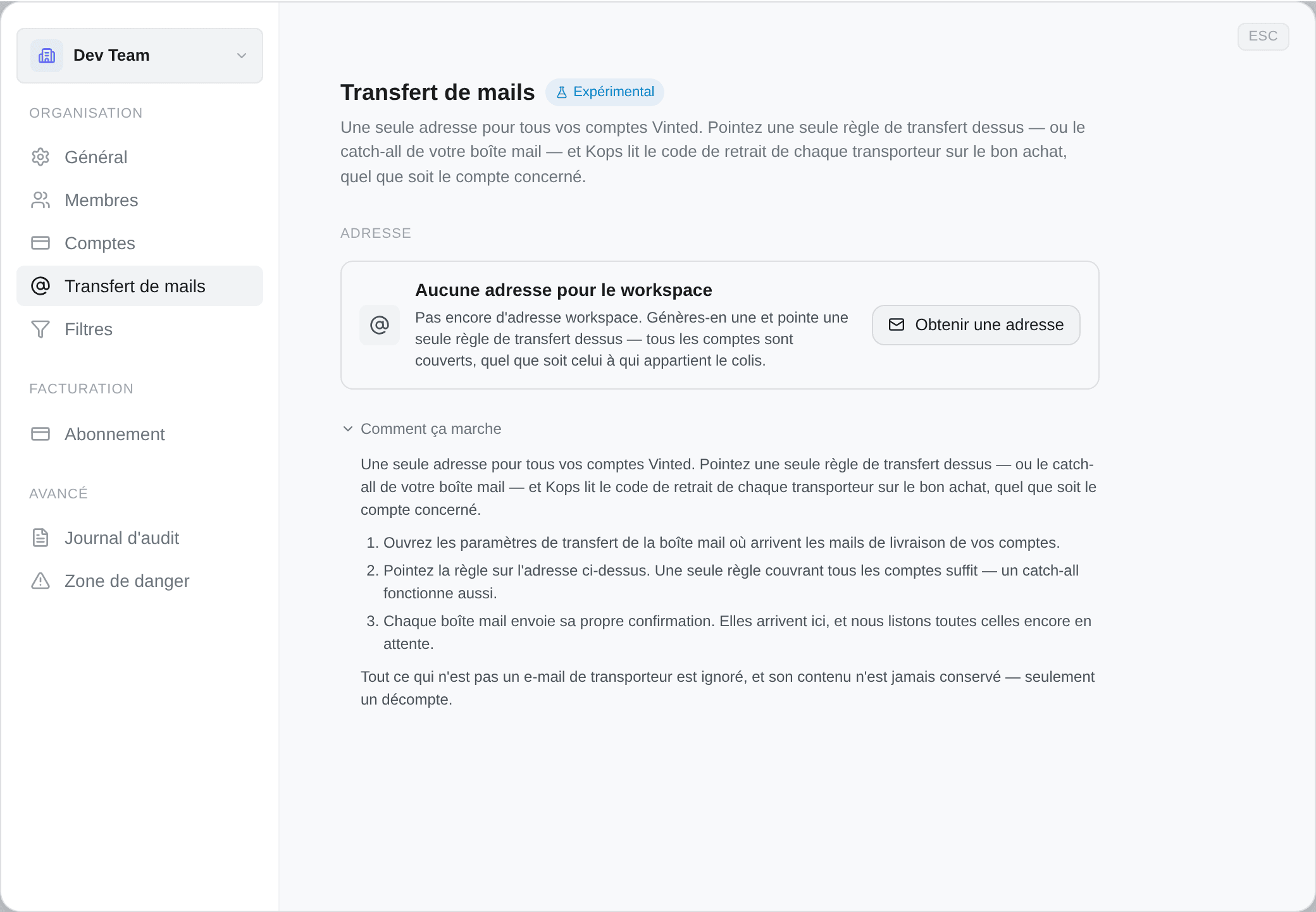L'onglet de transfert dans les réglages de l'espace